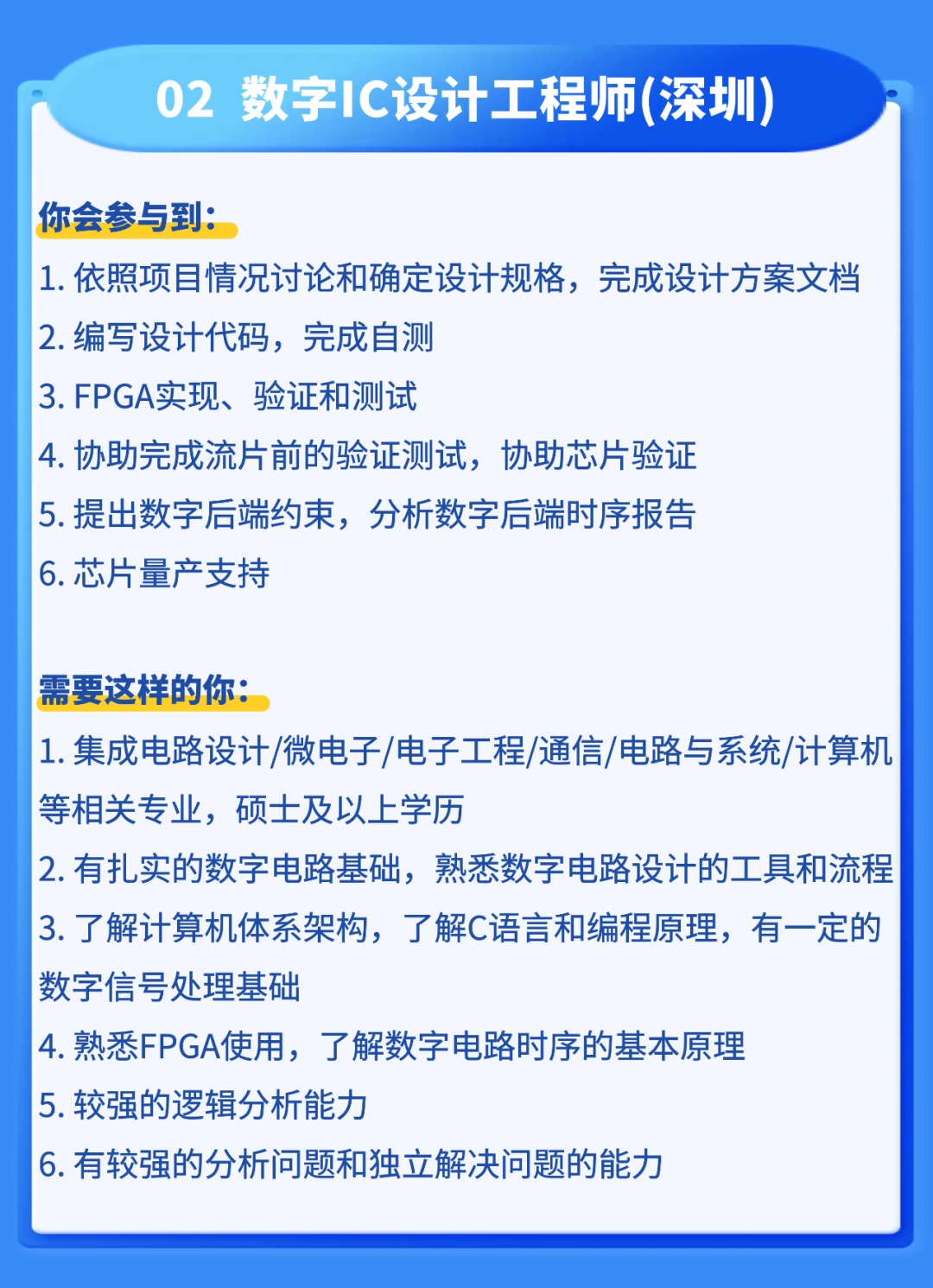 <p>02</p>
<p>数字1C设计工程师(深圳)</p>
<p>你会参与到：</p>
<p>1.依照项目情况讨论和确定设计规格，完成设计方案文档</p>
<p>2.编写设计代码，完成自测</p>
<p>3.FPGA实现、验证和测试</p>
<p>4.协助完成流片前的验证测试,协助芯片验证</p>
<p>5.提出数字后端约束，分析数字后端时序报告</p>
<p>6.芯片量产支持</p>
<p>需要这样的你：</p>
<p>1.集成电路设计/微电子/电子工程/通信/电路与系统/计算机</p>
<p>等相关专业，硕士及以上学历</p>
<p>2.有扎实的数字电路基础,熟悉数字电路设计的工具和流程</p>
<p>3.了解计算机体系架构,了解C语言和编程原理,有一定的</p>
<p>数字信号处理基础</p>
<p>4.熟悉FPGA使用,了解数字电路时序的基本原理</p>
<p>5.较强的逻辑分析能力</p>
<p>6.有较强的分析问题和独立解决问题的能力</p>
