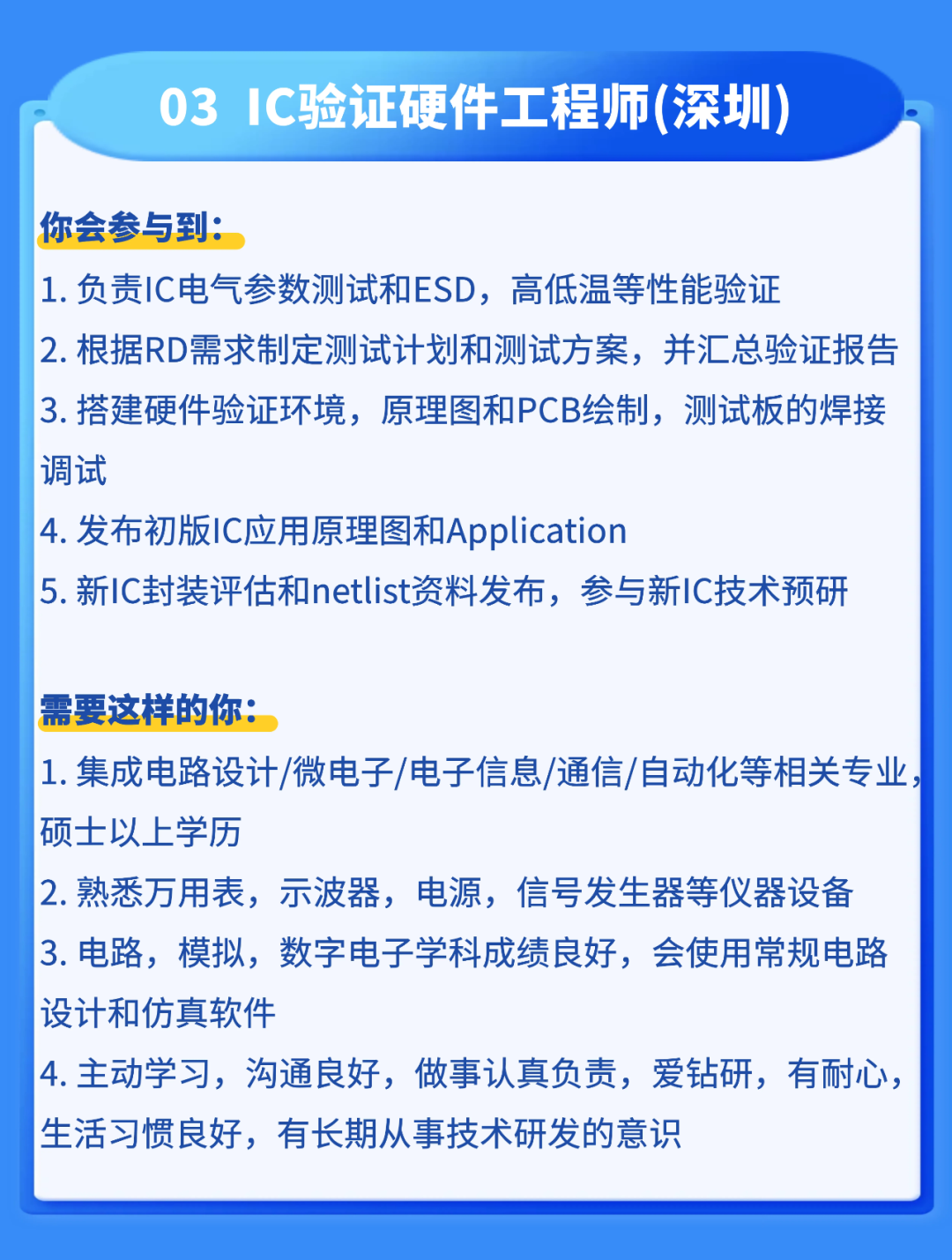 <p>031C验证硬件工程师(深圳</p>
<p>你会参与到：</p>
<p>1.负责IC电气参数测试和ESD,高低温等性能验证</p>
<p>2.根据RD需求制定测试计划和测试方案，并汇总验证报告</p>
<p>3.搭建硬件验证环境,原理图和PCB绘制，测试板的焊接</p>
<p>调试</p>
<p>4.发布初版IC应用原理图和Application</p>
<p>5.新1C封装评估和netlist资料发布，参与新IC技术预研</p>
<p>需要这样的你：</p>
<p>1.集成电路设计/微电子/电子信息/通信/自动化等相关专业</p>
<p>硕士以上学历</p>
<p>2.熟悉万用表,示波器,电源，信号发生器等仪器设备</p>
<p>3.电路,模拟，数字电子学科成绩良好，会使用常规电路</p>
<p>设计和仿真软件</p>
<p>4.主动学习，沟通良好，做事认真负责，爱钻研，有耐心</p>
<p>生活习惯良好，有长期从事技术研发的意识</p>
