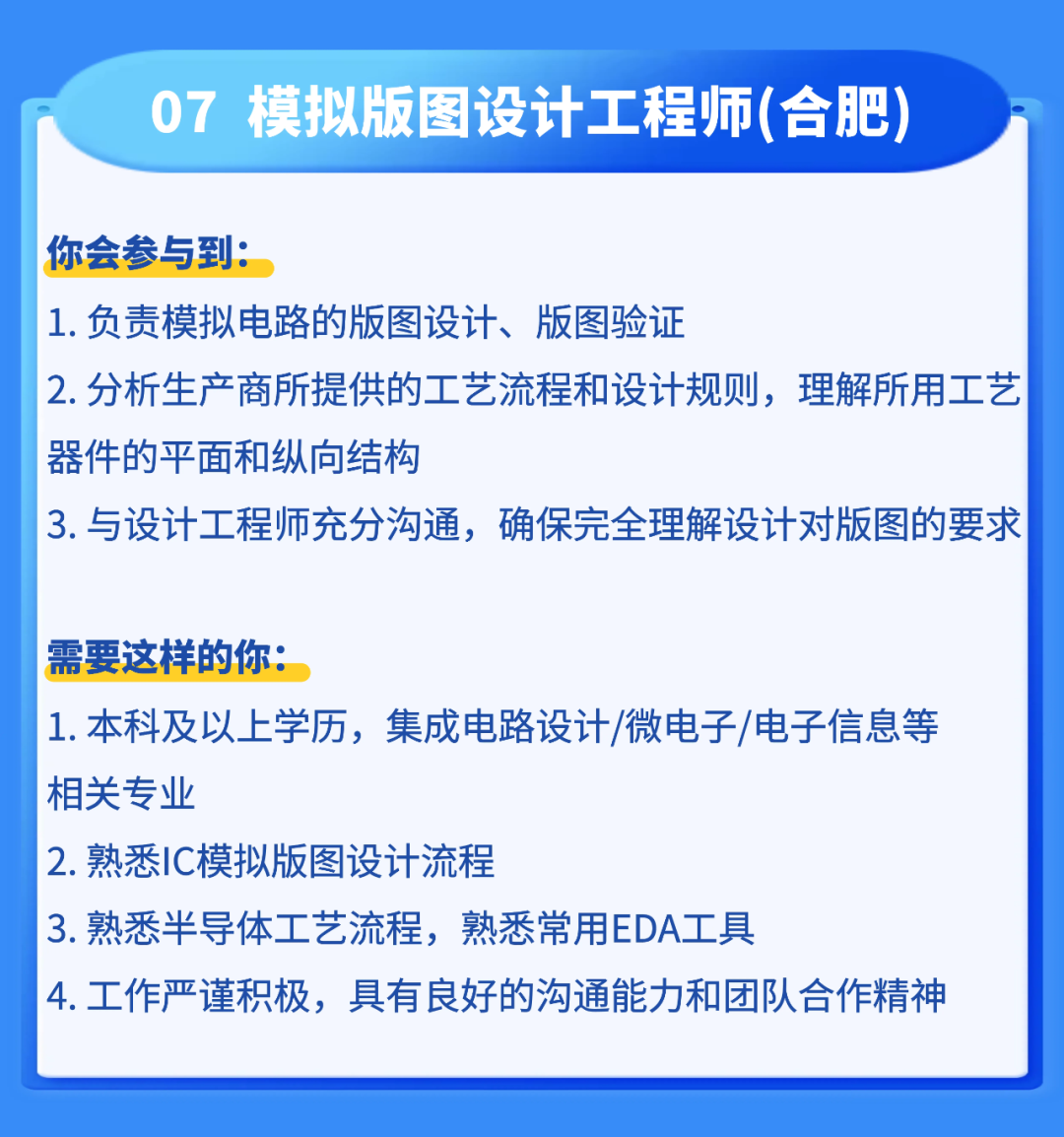 <p>07</p>
<p>模拟版图设计工程师(合肥</p>
<p>你会参与到:</p>
<p>1.负责模拟电路的版图设计、版图验证</p>
<p>2.分析生产商所提供的工艺流程和设计规则，理解所用工艺</p>
<p>器件的平面和纵向结构</p>
<p>3.与设计工程师充分沟通，确保完全理解设计对版图的要求</p>
<p>需要这样的你：</p>
<p>1.本科及以上学历,集成电路设计/微电子/电子信息等</p>
<p>相关专业</p>
<p>2.熟悉IC模拟版图设计流程</p>
<p>3.熟悉半导体工艺流程，熟悉常用EDA工具</p>
<p>4.工作严谨积极，具有良好的沟通能力和团队合作精神</p>
