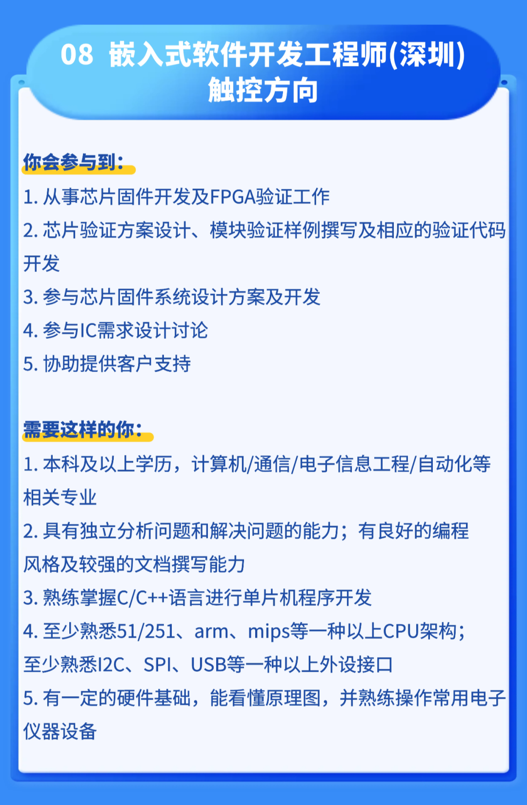 <p>08</p>
<p>钣入式软件开发工程师(深圳</p>
<p>触控方向</p>
<p>你会参与到：</p>
<p>1.从事芯片固件开发及FPGA验证工作</p>
<p>2.芯片验证方案设计、模块验证样例撰写及相应的验证代码</p>
<p>开发</p>
<p>3.参与芯片固件系统设计方案及开发</p>
<p>4.参与IC需求设计讨论</p>
<p>5.协助提供客户支持</p>
<p>需要这样的你：</p>
<p>1.本科及以上学历,计算机/通信/电子信息工程/自动化等</p>
<p>相关专业</p>
<p>2.具有独立分析问题和解决问题的能力，</p>
<p>有良好的编程</p>
<p>风格及较强的文档撰写能力</p>
<p>3.熟练掌握C/C++语言进行单片机程序开发</p>
<p>4.至少熟悉51/251、arm、mips等一种以上CPU架构；</p>
<p>至少熟悉I2C、SPI、USB等一种以上外设接口</p>
<p>5.有一定的硬件基础，能看懂原理图,并熟练操作常用电子</p>
<p>仪器设备</p>
