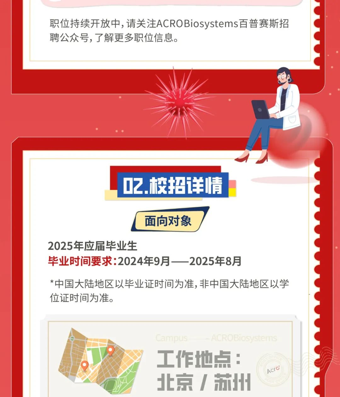 <p>职位持续开放中,请关注ACROBiosystems百普赛斯招</p>
<p>聘公众号,了解更多职位信息。</p>
<p>中</p>
<p>2.校招详情</p>
<p>面向对象</p>
<p>2025年应届毕业生</p>
<p>毕业时间要求:2024年9月一 -2025年8月</p>
<p>*中国大陆地区以毕业证时间为准,非中国大陆地区以学</p>
<p>位证时间为准。</p>
<p>( ampus -ACROBiosystems</p>
<p>工作地点:</p>
<p>北京/苏州</p>
