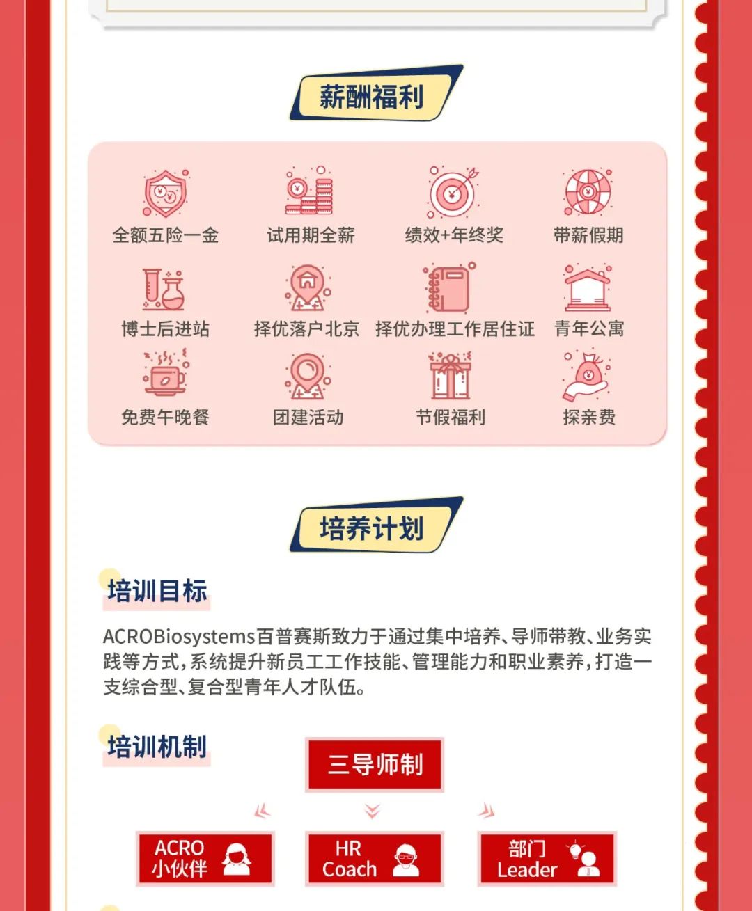 <p>薪酬福利</p>
<p>O渺</p>
<p>全额五险一金试用期全薪绩效+年终奖带薪假期</p>
<p>博士后进站择优落户北京择优办理工作居住证 青年公寓</p>
<p>造出减</p>
<p>免费午晚餐团建活动节假福利探亲费</p>
<p>培养计划</p>
<p>培训目标</p>
<p>ACROBiosystems百普赛斯致力于通过集中培养、导师带教、业务实</p>
<p>践等方式,系统提升新员工工作技能、管理能力和职业素养,打造一</p>
<p>支综合型、复合型青年人才队伍。</p>
<p>培训机制</p>
<p>三导师制</p>
<p>从¥山</p>
<p>ACRO小伙伴OHRCoach2部广]Leader</p>
