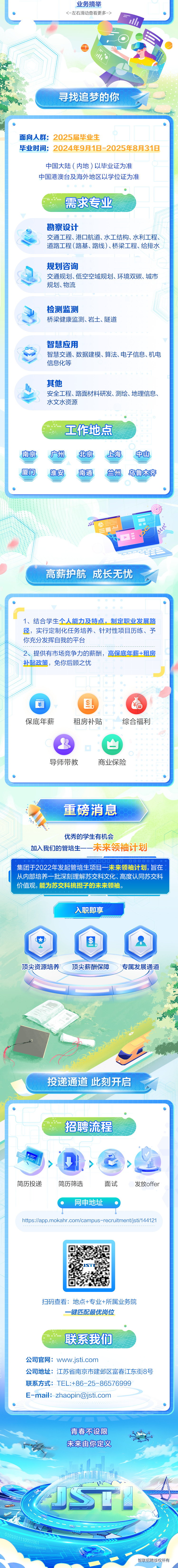 <p>业务摘举</p>
<p><-左右滑动查看更多-></p>
<p>山</p>
<p>i</p>
<p>J</p>
<p>寻找追梦的你</p>
<p>青春不设限</p>
<p>未来由你定义</p>
<p>用</p>
<p>CISTL</p>
<p>00100001000</p>
<p>智联招聘版权所有</p>

<table>
<tr><td>面向人群: 2025届毕业生毕业时间: 2024年9月18-2025年8月31日中国大陆(内地)以毕业证为准中国港澳台及海外地区以学位证为准。 需求专业勘察设计交通工程、港☐航道、水工结构、水利工程、道路工程(路基、路线)、桥梁工程、给排水规划咨询G " 交通规划、低空空域规划、环境双碳、城市  )规划、物流检测监测桥梁健康监测、岩土、隧道智慧应用智慧交通、数据建模、算法、电子信息、机电, 信息化等其他l安全工程、路面材料研发、测绘、地理信息、水文水资源。 工作地点南京广州北京上海 中山厦门淮安南通兰州鸟鲁木齐</td>
</tr>
<tr><td>O日高薪护航成长无忧</td>
</tr>
<tr><td>1、结合学生个人能力及特点,制定职业发展路径,实行定制化任务培养、针对性项目历练、予你充分发挥自我的平台2、提供有市场竞争力的薪酬,高保底年薪+租房补贴政策,免你后顾之忧少i¥ $. ¥6保底年薪 租房补贴 综合福利& (O导师带教 商业保险</td>
</tr>
<tr><td>重磅消息人优秀的学生有机会加入我们的管培生-- 未来领袖计划a☐☐☐☐☐集团于2022年发起管培生项目一未来领袖计划,旨在从内部培养一-批深刻理解苏交科文化、高度认同苏交科价值观,能为苏交科挑担子的未来领袖。T0 、入职即享m ) .顶尖资源培养 顶尖薪酬保障 专属发展通道咪%.. D◆) (投递通道此刻开启</td>
</tr>
<tr><td>仁。 招聘流程-.!> I > > 山S简历投递 简历筛选 面试 发放offer网申地址https://pp.mokahr.com/campus -recruitment/jt/144121扫码查看:地点+专业+所属业务院- -键匹配最优岗位。 联系我们公司官网: www.jsti.com公司地址:江苏省南京市建邺区富春江东街8号联系方式: TEL :+86-25-86576999E-mail: **** </td>
</tr>
</table>
