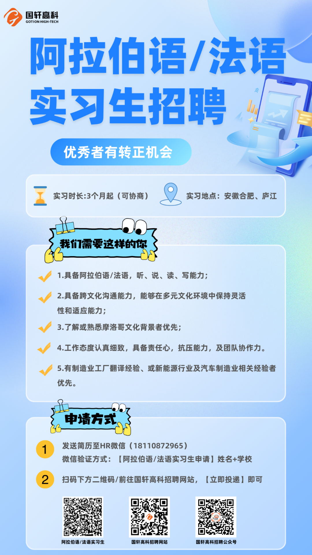 <p>GOTIONHIGH-TECH</p>
<p>阿拉伯语/法语</p>
<p>阿拉伯语/法语实习生国轩高科招聘网站国轩高科招聘公众号</p>

<table>
<tr><td></td>
<td></td>
<td colspan="3"></td>
</tr>
<tr><td colspan="5">实习生招聘 J.优秀者有转正机会</td>
</tr>
<tr><td colspan="5">工 实习时长:3个月起(可协商) 只 实习地点:安徽合肥、庐江我们需要这样的你1.具备阿拉伯语/法语,听、说、读、写能力;2.具备跨文化沟通能力,能够在多元文化环境中保持灵活性和适应能力;3.了解或熟悉摩洛哥文化背景者优先;、 4.工作态度认真细致,具备责任心,抗压能力,及团队协作力。5.有制造业工厂翻译经验、或新能源行业及汽车制造业相关经验者优先。a</td>
</tr>
<tr><td colspan="5">申请方式、s1 发送简历至HR微信(18110872965)微信验证方式: [阿拉伯语/法语实习生申请]姓名+学校2 扫码下方二维码/前往国轩高科招聘网站,[立即投递]即可</td>
</tr>
<tr><td colspan="3">回金回</td>
<td>回易</td>
<td></td>
</tr>
</table>
