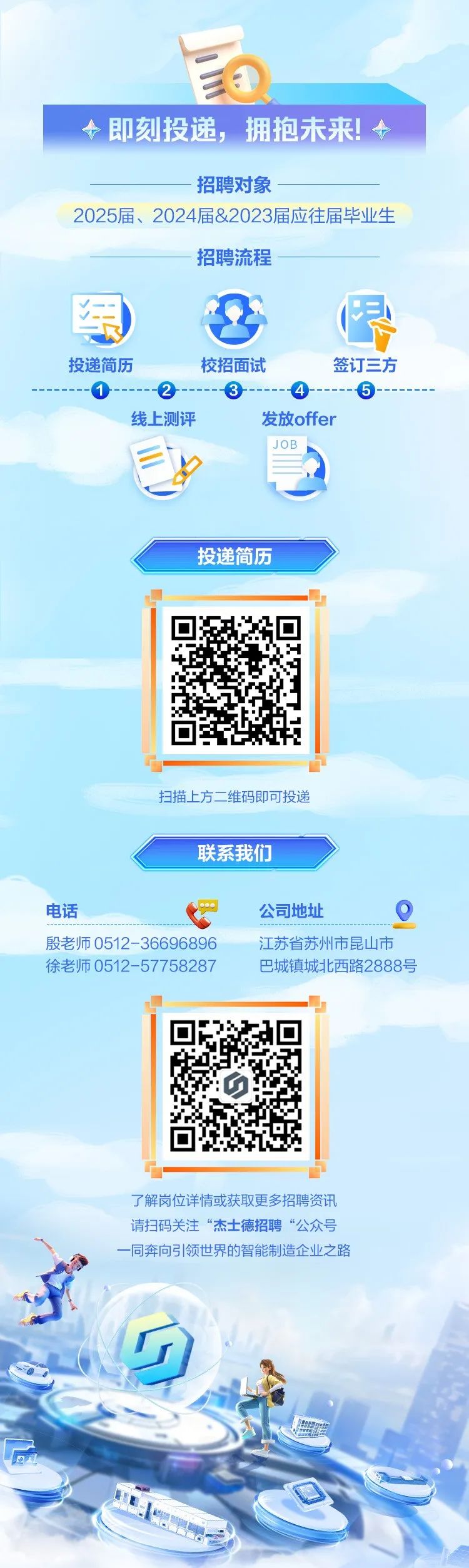 <p>a</p>
<p>即刻投递, 拥抱未来! </p>
<p>-招聘对象</p>
<p>2025届、2024届&2023届应往届毕业生</p>
<p>-招聘流程</p>
<p>投递简历校招面试签订三方</p>
<p>--------1-------2------ --------5-</p>
<p>线上测评发放offer</p>
<p>JOB</p>
<p>投递简历</p>
<p>扫描上方二维码即可投递</p>
<p>联系我们</p>
<p>电话公司地址 </p>
<p>殷老师0512-36696896江苏省苏州市昆山市</p>
<p>徐老师0512-57 758287巴城镇城北西路2888号</p>
<p>了解岗位详情或获取更多招聘资讯</p>
<p>请扫码关注&ldquo;杰士德招聘&ldquo;公众号</p>
<p>一同奔向引|领世界的智能制造企业之路</p>
<p>安</p>
<p>西临</p>
