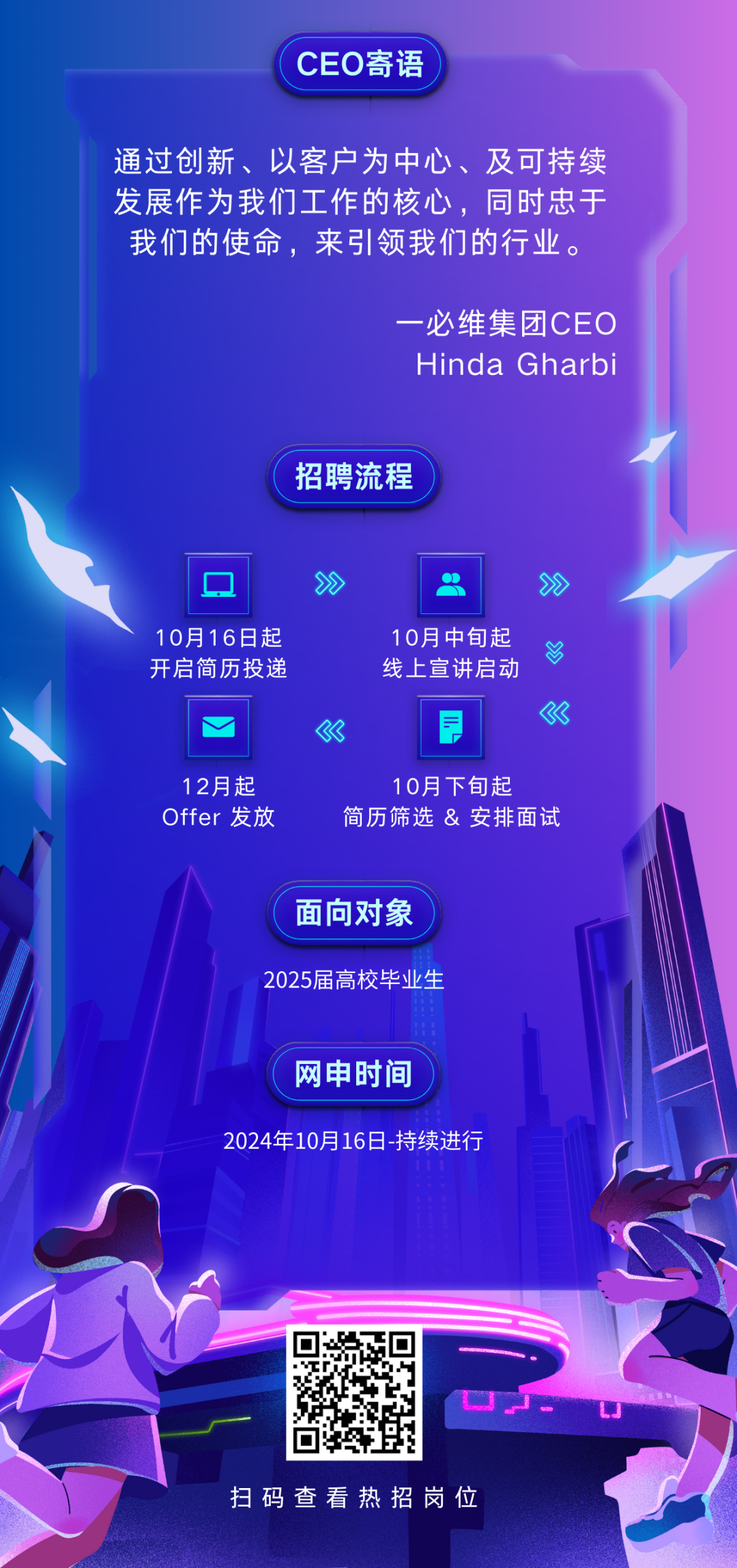 <p>CEO寄语</p>
<p>通过创新、以客户为中心、及可持续<br/>发展作为我们工作的核心，同时忠于<br/>我们的使命，来引领我们的行业。</p>
<p>一必维集团CEO<br/>Hinda Gharbi</p>
<p>招聘流程</p>
<p>10月16日起<br/>开启简历投递</p>
<p>10月中旬起<br/>线上宣讲启动</p>
<p> </p>
<p>12月起<br/>Offer发放</p>
<p>10月下旬起</p>
<p>简历筛选&安排面试</p>
<p>面向对象<br/>2025届高校毕业生</p>
<p>网申时间</p>
<p>2024年10月16日-持续进行</p>
<p>扫码查看热招岗位</p>
