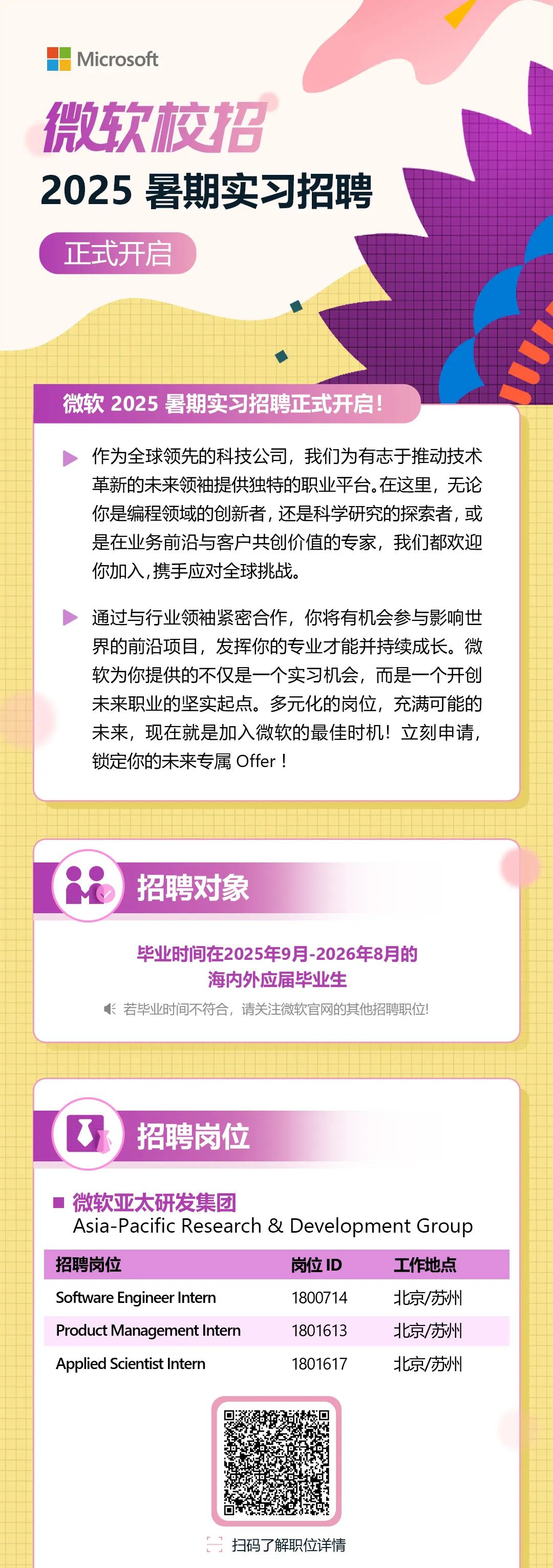 <p>Microsoft</p>
<p>微软校招</p>
<p>2025暑期实习招聘</p>
<p>正式开启</p>
<p>微软2025暑期实习招聘正式开启!</p>
<p>作为全球领先的科技公司，我们为有志于推动技术<br/>革新的未来领袖提供独特的职业平台。在这里，无论<br/>你是编程领域的创新者，还是科学研究的探索者，或<br/>是在业务前沿与客户共创价值的专家，我们都欢迎<br/>你加入,携手应对全球挑战。</p>
<p>通过与行业领袖紧密合作，你将有机会参与影响世<br/>界的前沿项目，发挥你的专业才能并持续成长。微<br/>软为你提供的不仅是一个实习机会，而是一个开创<br/>未来职业的坚实起点。多元化的岗位，充满可能的<br/>未来，现在就是加入微软的最佳时机!立刻申请，<br/>锁定你的未来专属Offer!</p>
<p>招聘对象</p>
<p>毕业时间在2025年9月-2026年8月的</p>
<p>海内外应届毕业生</p>
<p>若毕业时间不符合，请关注微软官网的其他招聘职位!</p>
<p>招聘岗位</p>
<p>微软亚太研发集团</p>
<p>Asia-Pacific Research & Development Group<br/>招聘岗位</p>
<p>岗位ID</p>
<p>工作地点</p>
<p>Software Engineer Intern</p>
<p>1800714</p>
<p>北京/苏州</p>
<p>Product Management Intern</p>
<p>1801613</p>
<p>北京/苏州</p>
<p>Applied Scientist Intern</p>
<p>1801617</p>
<p>北京/苏州</p>
<p>扫码了解职位详情</p>
