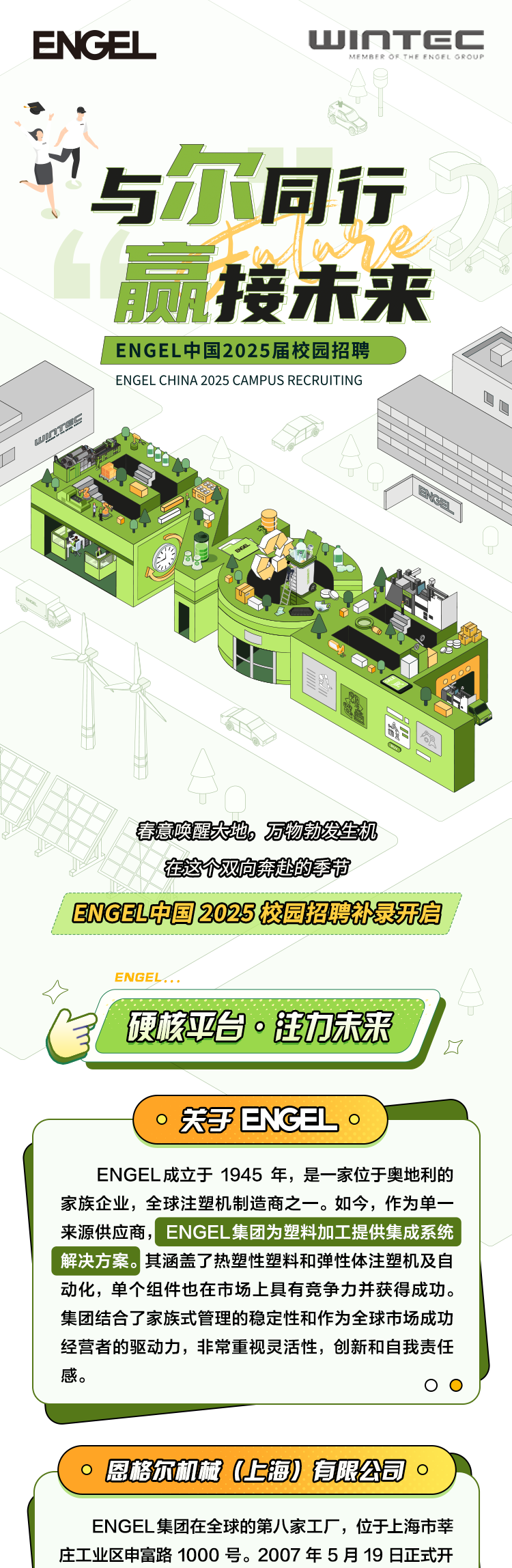 <p>与尔同行</p>
<p>丽接未来</p>
<p>ENGEL中国2025届校园招聘</p>
<p>ENGEL CHINA 2025 CAMPUS RECRUITING</p>
<p>BNGE</p>
<p>出O品</p>
<p>春意唤醒大地。万物勃发生机</p>
<p>在这个双向奔赴的季节</p>
<p>ENGEL中国2025校园招聘补录开启</p>
<p>ENGEL集团在全球的第八家工厂,位于上海市莘</p>
<p>庄工业区申富路1000号。2007年5月19日正式开</p>

<table>
<tr><td>ENGEL...硬核平台。注力未来0关于ENCL。)ENGEL成立于1945年,是一家位于奥地利的家族企业,全球注塑机制造商之一。如今,作为单一来源供应商, ENGEL集团为塑料加工提供集成系统解决方案。其涵盖了热塑性塑料和弹性体注塑机及自动化,单个组件也在市场.上具有竞争力并获得成功。集团结合了家族式管理的稳定性和作为全球市场成功经营者的驱动力,非常重视灵活性,创新和自我责任感。00</td>
</tr>
<tr><td></td>
</tr>
<tr><td>O 恩格尔机械(上海)有限公司。</td>
</tr>
</table>
