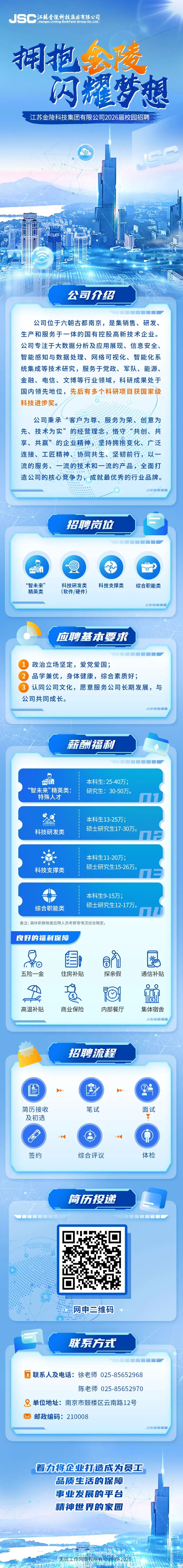 <p>JSC</p>
<p>江蘇金限科技集团有限公司</p>
<p>Jlangsu Jinling Scl&Tech Group Co,,Ltd</p>
<p>拥构装</p>
<p>闪耀梦想</p>
<p>江苏金陵科技集团有限公司2026届校园招聘</p>
<p>1989</p>
<p>公司介绍</p>
<p>公司位于六朝古都南京,是集销售、研发、</p>
<p>生产和服务于一体的国有控股高新技术企业。</p>
<p>公司专注于大数据分析及应用展现、信息安全、</p>
<p>智能感知与数据处理、网络可视化、智能化系</p>
<p>统集成等技术研究，服务于党政、军队、能源、</p>
<p>金融、电信、文博等行业领域,科研成果处于</p>
<p>国内领先地位，先后有多个科研项目获国家级</p>
<p>科技进步奖。</p>
<p>公司秉承&ldquo;客户为尊、服务为荣、创意为</p>
<p>先、技术为实&rdquo;</p>
<p>的经营理念，恪守&ldquo;共创、共</p>
<p>享、共赢&rdquo;的企业精神</p>
<p>坚持拥抱变化、广泛</p>
<p>连接、工匠精神、：协同共生、坚韧前行，以一</p>
<p>流的服务、一流的技术和一流的产品，全面打</p>
<p>造公司的核心竞争力，成就最优秀的行业品牌。</p>
<p>招聘岗位</p>
<p>0-0,</p>
<p>&ldquo;智未来&rdquo;</p>
<p>科技研发类</p>
<p>科技支撑类</p>
<p>综合职能类</p>
<p>精英类</p>
<p>(软件/硬件)</p>
<p>应聘基本要大</p>
<p>政治立场坚定，爱党爱国；</p>
<p>品学兼优,身体健康，综合素质好；</p>
<p>认同公司文化,愿意服务公司长期发展，与</p>
<p>公司共同成长。</p>
<p>薪酬福私</p>
<p>本科生:25-40万；</p>
<p>&ldquo;智未来&rdquo;精英类:</p>
<p>研究生:30-50万。</p>
<p>特殊人才</p>
<p>本科生13-25万；</p>
<p>硕士研究生17-30万。</p>
<p>科技研发类</p>
<p>本科生11-20万；</p>
<p>硕士研究生15-26万。</p>
<p>科技支撑类</p>
<p>本科生9-15万；</p>
<p>硕士研究生12-17万。</p>
<p>综合职能类</p>
<p>备注:具体薪酬根据应聘人员考察等情况综合确定。</p>
<p>良好的福利保障</p>
<p>S</p>
<p>五险一金</p>
<p>住房补贴</p>
<p>探亲假</p>
<p>通信补贴</p>
<p>高温补贴</p>
<p>商业保险</p>
<p>内部餐厅</p>
<p>集体宿舍</p>
<p>招聘流程</p>
<p>苜</p>
<p>简历接收</p>
<p>笔试</p>
<p>面试</p>
<p>及初选</p>
<p>签约</p>
<p>综合评议</p>
<p>体检</p>
<p>简汤投递</p>
<p>网申二维码</p>
<p>联东方式</p>
<p>联系人及电话:徐老师025-85652968</p>
<p>陈老师025-85652970</p>
<p>单位地址：南京市鼓楼区云南路12号</p>
<p>邮政编码:210008</p>
<p>春办将企业打造成为员工</p>
<p>品质生活的保障</p>
<p>事业发展的平台</p>
<p>精神世界的家园</p>
<p>无忧工作网服校所</p>
<p>42025</p>
