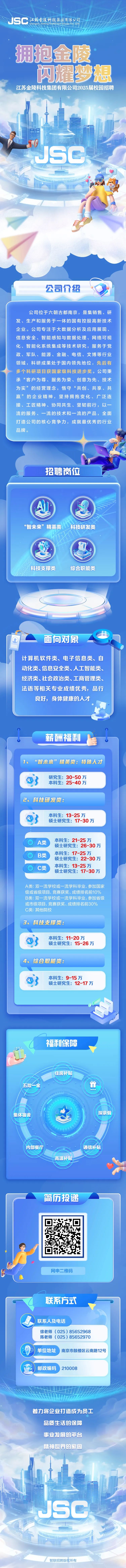<p>JSC江蘇金陵科技集团有限公司</p>
<p>viangsainling'SgiTechisiodp.cg.td</p>
<p>、服务为荣、创意为先、技术</p>

<table>
<tr><td colspan="2">拥抱</td>
<td>金</td>
<td>陵</td>
</tr>
<tr><td>江苏金陵科</td>
<td colspan="2">闪耀</td>
<td>梦想</td>
</tr>
<tr><td colspan="4">技集团有限公司2025届校园招聘&rdquo;  Z0</td>
</tr>
<tr><td colspan="2"></td>
<td>S</td>
<td>e</td>
</tr>
<tr><td colspan="4">? AD I, I I!大司,!..(公司介绍 中I公司位于六朝古都南京,是集销售、研发、生产和服务于一体的国有控股高新技术企业。公司专注于大数据分析及应用展现、信息安全、智能感知与数据处理、网络可视化、智能化系统集成等技术研究,服务于党政、军队、能沂</td>
</tr>
<tr><td colspan="2">领域,科研成多个科研项目承&ldquo;客户为尊</td>
<td colspan="2">原、金融、电信、文博等行业果处于国内领先地位,先后有获国家级科技进步奖。公司秉</td>
</tr>
<tr><td colspan="4">为实&rdquo;的经营理念,恪守&ldquo;共创、共享、共赢&rdquo;的企业精神,坚持拥抱变化、广泛连接、工匠精神、协同共生、坚韧前行,以一流的服务、一流的技术和一流的产品,全面打造公司的核心竞争力,成就最优秀的行业品牌。招聘岗位&ldquo;智未来&rdquo;精英类 科技研发类uA科技支撑类 综合职能类① 面向对象计算机软件类、电子信息类、自动化类、信息安全类、人工智能类、经济类、社会政治类、工商管理类、法语等相关专业成绩优秀,品行良好,身体健康的人才..0薪酬福利7. &ldquo;智未来&rdquo;精英类:特殊人才了 研究生: 30-50万本科生: 25-40万e2.科技研发类:3 本科生: 13-25万硕士研究生: 17-30万本科生: 21-25万A类硕士研究生: 26-30万IB类 本科生: 17-25万硕士研究生: 22-30万。C类 本科生: 13-25万硕士研究生: 17-30万A类:双一流学校或一-流学科毕业、参加国家级或省级项目、竞赛获奖、成绩排名前10%B类:双一流学校或- -流学科毕业,参加省级或市级项目、竞赛获奖、成绩排名前30%C类:其他院校3.科技支撑类:o 本科生: 11-20万硕士研究生: 15-26万4、综合职能类:3 本科生: 9-15万硕士研究生: 12-17万</td>
</tr>
<tr><td colspan="4">)福利保障I住房补贴五险金 竹..., ".I 探亲假集体宿舍C I二,内部餐厅 I通信补贴高温补贴简历投递IC ,网申二维码(单联系方式') 联系人及电话上徐老师(025) 85652968陈老师( 025) 85652970) 单位地址'南京市鼓楼区云南路12号邮政编码 210008D 1 L1着力将企业打造成为员工品质生活的保障事业发展的平台精 神世界的家园 三&rdquo;。IJSC1 、1/ 智联招聘版权所有</td>
</tr>
</table>
