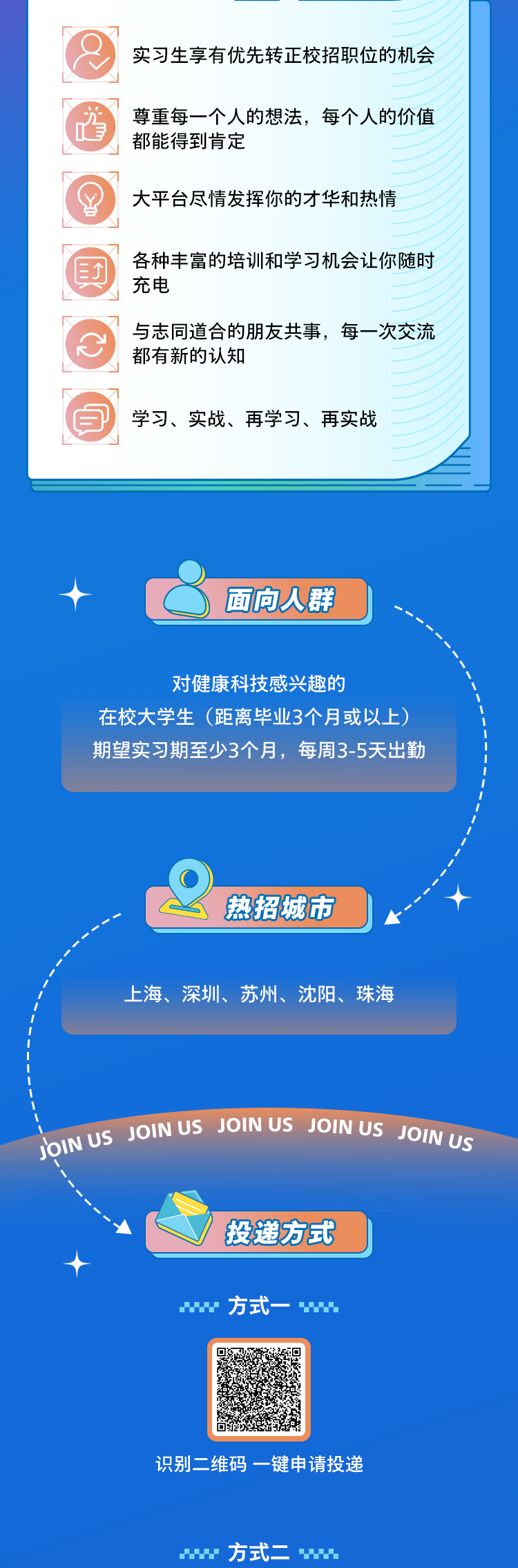 <p>实习生享有优先转正校招职位的机会</p>
<p>尊重每一个人的想法，每个人的价值<br/>都能得到肯定</p>
<p>大平台尽情发挥你的才华和热情</p>
<p>各种丰富的培训和学习机会让你随时<br/>充电</p>
<p>与志同道合的朋友共事，每一次交流<br/>都有新的认知</p>
<p>学习、实战、再学习、再实战</p>
<p>面向人群</p>
<p>对健康科技感兴趣的</p>
<p>在校大学生(距离毕业3个月或以上)<br/>期望实习期至少3个月，每周3-5天出勤</p>
<p>热招城市</p>
<p>上海、深圳、苏州、沈阳、珠海</p>
<p>JOIN US JOIN US JOIN US JOIN US JOIN US</p>
<p>投递方式</p>
<p>方式</p>
<p>识别二维码一键申请投递</p>
<p>H<br/>方式二<br/> </p>
