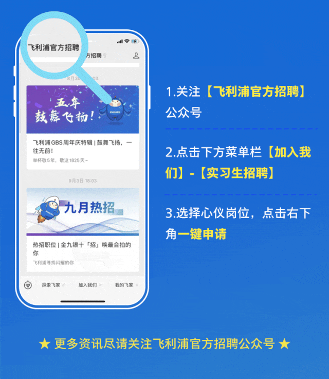 <p>飞利浦官方招聘</p>
<p>方招聘</p>
<p>五年<br/>鼓舞竹扬!</p>
<p>1.关注[飞利浦官方招聘]<br/>公众号</p>
<p>飞利浦GBS周年庆特辑鼓舞飞扬，<br/>往无前!</p>
<p>举杯敬5年，敬这1825天-</p>
<p>9月3日 18:03</p>
<p>2.点击下方菜单栏[加入我<br/>们]-[实习生招聘]</p>
<p>九月热招</p>
<p>热招职位金九银十「招」唤最合拍的<br/>你</p>
<p>飞利浦寻找闪耀的你</p>
<p>3.选择心仪岗位，点击右下<br/>角一键申请</p>
<p>探索飞家</p>
<p>加入我们</p>
<p>我的飞家</p>
<p>更多资讯尽请关注飞利浦官方招聘公众号★</p>
