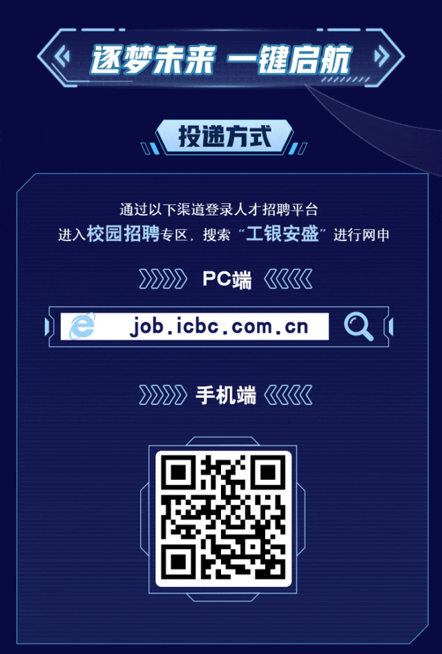 <p>逐梦未来一键启航</p>
<p>投递方式<br/>1D</p>
<p>通过以下渠道登录人才招聘平台</p>
<p>进入校园招聘专区，搜索&ldquo;工银安盛&rdquo;进行网申</p>
<p>PC端</p>
<p> </p>
<p>job.icbc.com.cn</p>
<p>>222<br/>手机端</p>
