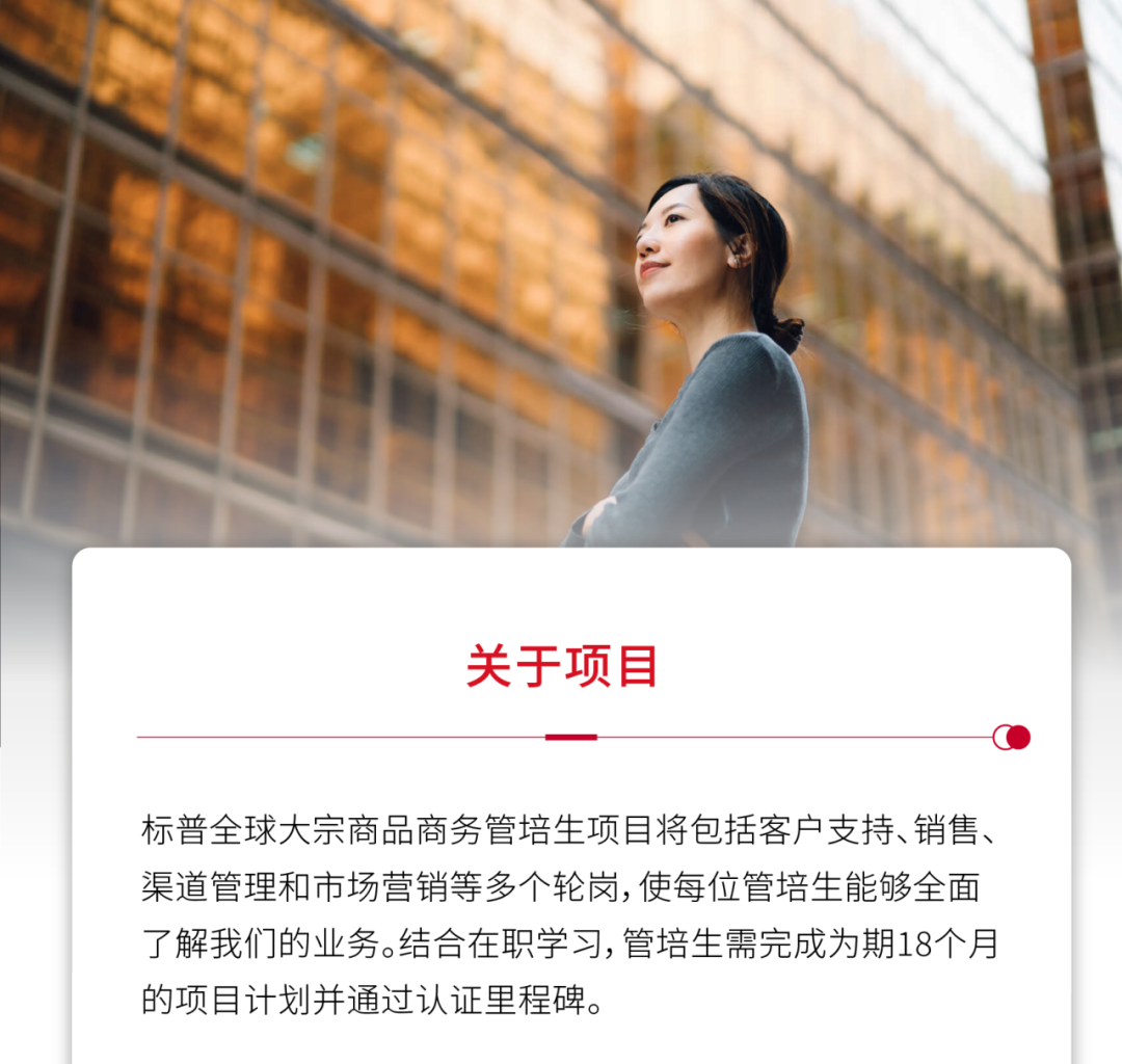 <p>关于项目</p>
<p>标普全球大宗商品商务管培生项目将包括客户支持、销售、<br/>渠道管理和市场营销等多个轮岗,使每位管培生能够全面<br/>了解我们的业务。结合在职学习,管培生需完成为期18个月<br/>的项目计划并通过认证里程碑。</p>
