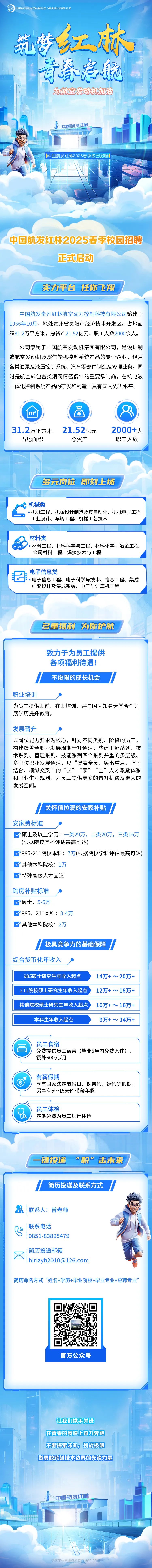 <p>中国航发贵州红林航空动力控制科技有限公司</p>
<p>远梦红林</p>
<p>奇春宗航</p>
<p>为航空发动机加油</p>
<p>中国航发红林</p>
<p>中国航发红林2025春季校园招聘(</p>
<p>中国航发红林2025春季校园招聘</p>
<p>正式启动</p>
<p>实力平台任你飞翔</p>
<p>无忧工作网版权所有01999-2026</p>

<table>
<tr><td colspan="2">中国航发贵州红林航空动力控制科技有限公司始建于1966年10月,地处贵州省贵阳市经济技术开发区。占地面积31.2万平方米,总资产21.52亿元,职工人数2000余人。公司隶属于中国航空发动机集团有限公司,是设计制造航空发动机及燃气轮机控制系统产品的专业企业。经营各类油泵及液压控制系统、汽车零部件制造及修理业务。同时是航空转包各类滑阀精密偶件的重要承制商,在机电液一体化控制系统产品的研发和制造上具有国内先进水平。m2 '举,31.2万平方米 21.52亿元 2000+人占地面积 总资产 职工人数多元岗位 即刻上场司</td>
</tr>
<tr><td colspan="2">;机械类上  机械工程、机械设计制造及其自动化、机械电子工程工业设计、车辆工程、机械工艺技术</td>
</tr>
<tr><td colspan="2">材料类 材料工程、材料科学与工程、材料化学、冶金工程、金属材料工程、焊接技术与工程</td>
</tr>
<tr><td colspan="2">电子信息类母  电子信息工程、电子科学与技术、信息工程、集成电路设计及集成系统、电子与计算机工程多重福利 为你护航</td>
</tr>
<tr><td colspan="2">致力于为员工提供各项福利待遇!/ 不设限的成长机会 /职业培训为员工提供职前、在职培训,并与国内知名大学合作开展学历提升教育。发展晋升。以岗位能力要求为核心,针对不同类别、阶段的员工,构建覆盖全职业发展周期晋升通道,构建干部系列、技术系列、管理系列、技能系列四个系列并重的多层级、多职位职业发展通道,以“覆盖全员、突出重点、上下结合、横纵交叉”的“长”“家”“匠”人才激励体系和职业生涯规划,为员工提供更多的晋升机遇及更大的发展空间。/ '关怀值拉满的安家补贴 /安家费标准  V硕士及以上学历:一类29万,二类20万,三类16万(根据院校学科评估最高可达)V 985/211院校本科: 7万(根据院校学科评估最高可达)V其他本科院校: 1万V特殊高级人才面议购房补贴标准 ,V硕士: 5-6万985、211本科: 3-4万I V其他本科院校: 2万'极具竞争力的基础保障 /综合货币化年收入  985硕士研究生年收入起点 14万+~ 20万+211院校硕士研究生年收入起点 12万+~18万+其他院校硕士研究生年收入起点 10万+~16万+本科生年收入起点 9万+~ 14万+员工食宿--免费提供员工宿舍(毕业5年内免费入住)、餐补600元/月有薪假期享有国家法定节假日、探亲假、婚假等假期,另享有5~15天的带薪年假员工体检t 定期免费为员工进行体检</td>
</tr>
<tr><td colspan="2">一键投递 “职”击未来 '/ 简历投递及联系方式 /联系人:曾老师联系电话司0851-83895479四 简历投递邮箱****简历命名方式“姓名+学历+毕业院校+毕业专业+应聘专业”官方公众号</td>
</tr>
<tr><td colspan="2">让我们携手并进在青春的赛道上奋力奔跑不断探索未知,挑战极限做勇敢跨越技术边界的先锋力量I中国航发红林。 二( ☐ 售.I</td>
</tr>
<tr><td>V</td>
<td></td>
</tr>
</table>
