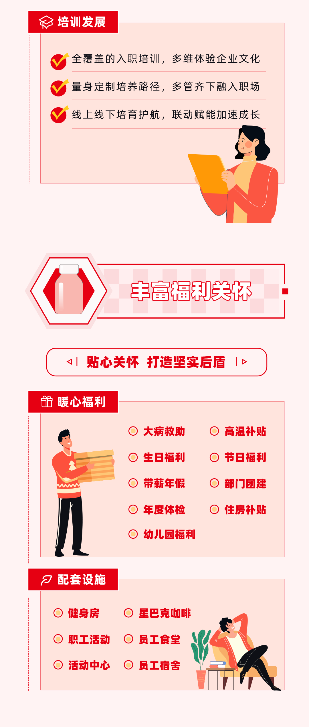 <p> <br/>培训发展</p>
<p>全覆盖的入职培训，多维体验企业文化<br/>量身定制培养路径，多管齐下融入职场<br/>线上线下培育护航，联动赋能加速成长</p>
<p>丰富福利关怀</p>
<p>|贴心关怀打造坚实后盾1D</p>
<p>暖心福利</p>
<p> 大病救助<br/>生日福利<br/>带薪年假<br/>年度体检<br/> 幼儿园福利</p>
<p>O 高温补贴<br/> 节日福利<br/>O<br/>部门团建<br/>住房补贴</p>
<p>刀<br/>配套设施</p>
<p> 健身房<br/>职工活动</p>
<p>活动中心</p>
<p>O 星巴克咖啡<br/>O<br/>员工食堂<br/> <br/>员工宿舍</p>
