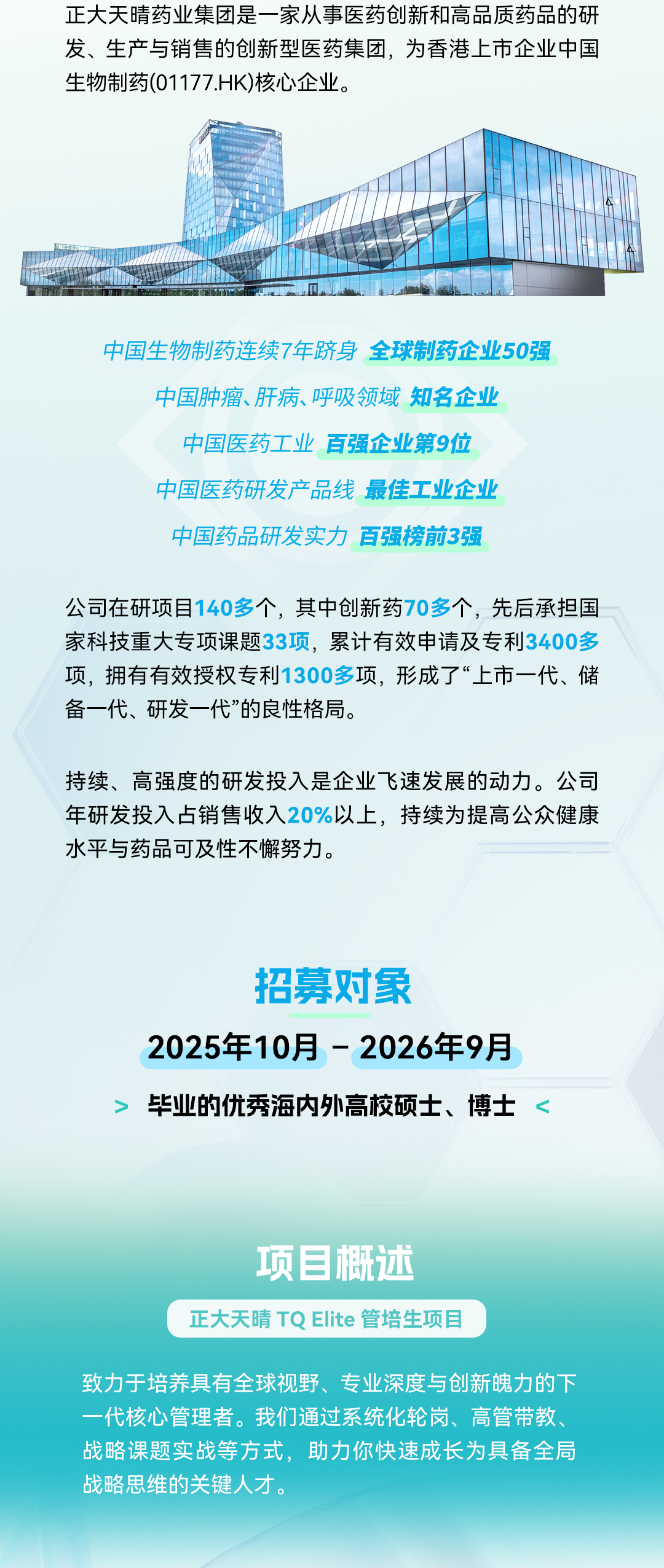 <p>正大天晴药业集团是一家从事医药创新和高品质药品的研</p>
<p>发、生产与销售的创新型医药集团，为香港上市企业中国</p>
<p>生物制药(01177.HK)核心企业。</p>
<p>中国生物制药连续7年跻身全球制药企业50强</p>
<p>中国肿瘤、肝病、呼吸领域知名企业</p>
<p>中国医药工业</p>
<p>百强企业第9位</p>
<p>中国医药研发产品线</p>
<p>爱最佳工业企业</p>
<p>中国药品研发实力</p>
<p>7百强榜前3强</p>
<p>公司在研项目140多个，其中创新药70多个，先后承担国</p>
<p>家科技重大专项课题33项，累计有效申请及专利3400多</p>
<p>项,拥有有效授权专利1300多项,形成了上市一代、储</p>
<p>备一代、研发一代&rdquo;的良性格局。</p>
<p>持续、高强度的研发投入是企业飞速发展的动力。公司</p>
<p>年研发投入占销售收入20%以上,持续为提高公众健康</p>
<p>水平与药品可及性不懈努力。</p>
<p>招募对象</p>
<p>2025年10月- 2026年9月</p>
<p>毕业的优秀海内外高校硕士、博士</p>
<p>项自概述</p>
<p>正大天晴TQElite 管培生项目</p>
<p>致力于培养具有全球视野、专业深度与创新魄力的下</p>
<p>一代核心管理者。我们通过系统化轮岗、高管带教、</p>
<p>战略课题实战等方式,助力你快速成长为具备全局</p>
<p>战略思维的关键人才。</p>
