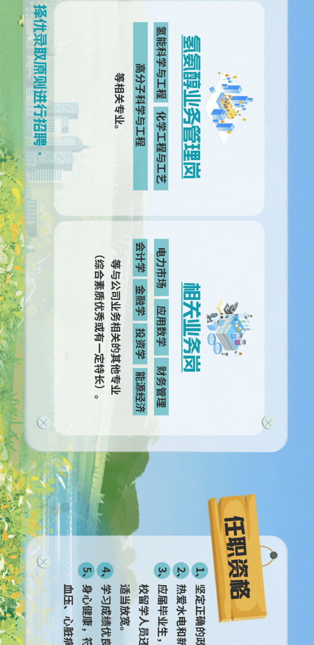 <p>择优录取原则进行招聘</p>
<p>氢能科学与工程化学工程与工艺</p>
<p>氢氨醇业务管理岗</p>
<p>高分子科学与工程</p>
<p>等相关专业。</p>
<p>会计学金融学投资学能源经济</p>
<p>电力市场</p>
<p>(综合素质优秀或有一定特长)</p>
<p>等与公司业务相关的其他专业</p>
<p>相关业务岗</p>
<p>应用数学</p>
<p>财务管理</p>
<p>任职资格</p>
<p>华</p>
<p>W</p>
<p>血压、心脏痛</p>
<p>身心健康,符</p>
<p>学习成绩优良</p>
<p>适当放宽。</p>
<p>校留学人员还</p>
<p>应届毕业生，</p>
<p>热爱水电和新</p>
<p>坚定正确的正</p>
