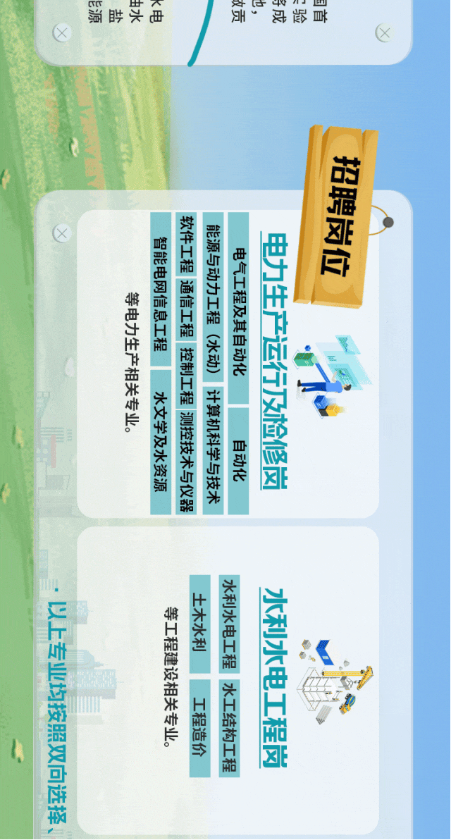 <p>TT</p>
<p>渔</p>
<p>哥</p>
<p>*</p>
<p>海</p>
<p>LE</p>
<p>时</p>
<p>招聘岗位</p>
<p>软件工程通信工程控制工程测控技术与仪器</p>
<p>能源与动力工程（水动）计算机科学与技术</p>
<p>智能电网信息工程</p>
<p>电力生产运行及检修岗</p>
<p>电气工程及其自动化</p>
<p>等电力生产相关专业。</p>
<p>水文学及水资源</p>
<p>自动化</p>
<p>水利水电工程水工结构工程</p>
<p>土木水利</p>
<p>水利水电工程岗</p>
<p>以上专业均按照双向选择</p>
<p>等工程建设相关专业。</p>
<p>工程造价</p>
