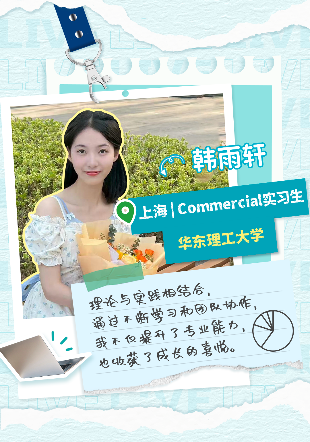 <p>韩雨轩</p>
<p>上海Commercial实习生</p>
<p>华东理工大学</p>
<p>理论与践相结合，</p>
<p>通过不断学习和团队协作，</p>
<p>我不仅提升了专业能力，</p>
<p>地收获了成长的喜悦。</p>
