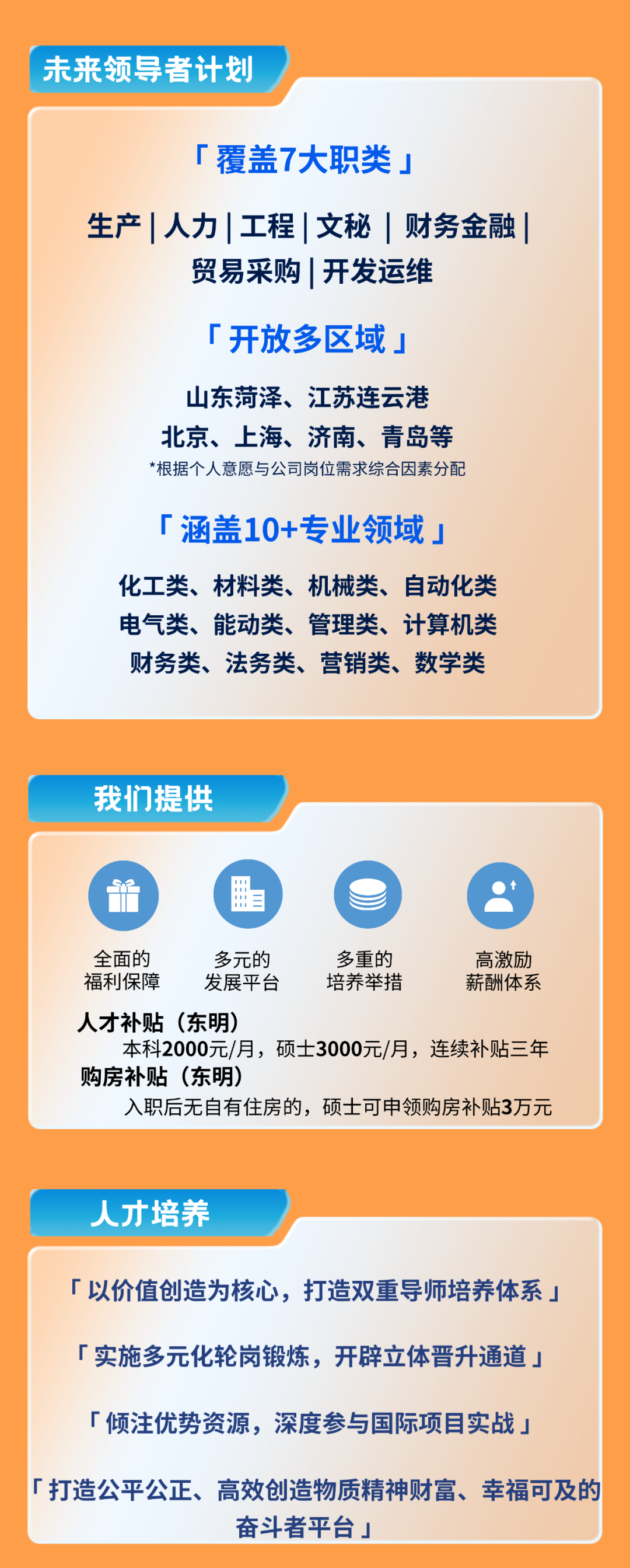 <p>未来领导者计划</p>
<p>「覆盖7大职类」</p>
<p>生产|人力|工程|文秘|财务金融</p>
<p>贸易采购|开发运维</p>
<p>「开放多区域」</p>
<p>山东菏泽、江苏连云港<br/>北京、上海、济南、青岛等<br/>*根据个人意愿与公司岗位需求综合因素分配</p>
<p>「涵盖10+专业领域」</p>
<p>化工类、材料类、机械类、自动化类<br/>电气类、能动类、管理类、计算机类<br/>财务类、法务类、营销类、数学类</p>
<p>我们提供</p>
<p>3</p>
<p>用=</p>
<p>全面的</p>
<p>多元的</p>
<p>多重的</p>
<p>高激励</p>
<p>福利保障</p>
<p>发展平台</p>
<p>培养举措</p>
<p>薪酬体系</p>
<p>人才补贴(东明)</p>
<p>本科2000元/月，硕士3000元/月，连续补贴三年<br/>购房补贴(东明)</p>
<p>入职后无自有住房的，硕士可申领购房补贴3万元</p>
<p>人才培养</p>
<p>「以价值创造为核心，打造双重导师培养体系」<br/>「实施多元化轮岗锻炼，开辟立体晋升通道」</p>
<p>「倾注优势资源，深度参与国际项目实战」</p>
<p>「打造公平公正、高效创造物质精神财富、幸福可及的</p>
<p>奋斗者平台」</p>
