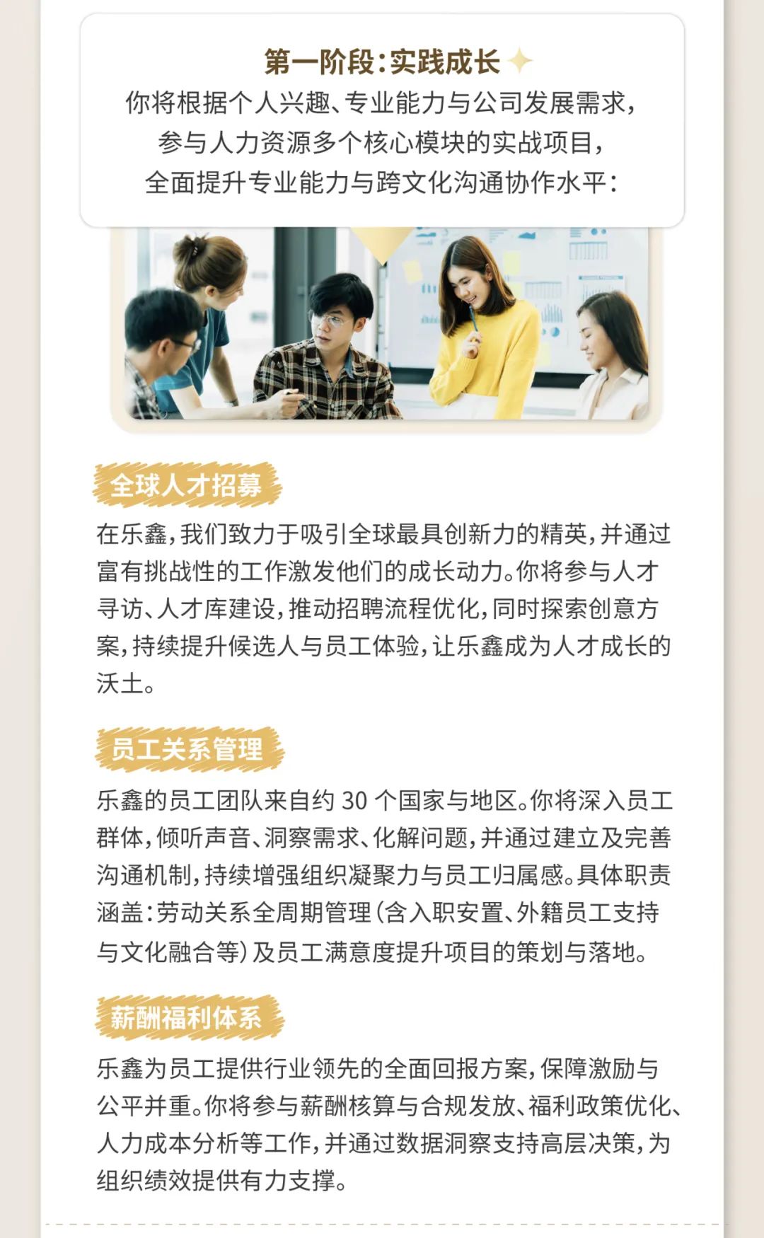 <p>第一阶段:实践成长</p>
<p>你将根据个人兴趣、专业能力与公司发展需求,</p>
<p>参与人力资源多个核心模块的实战项目,</p>
<p>全面提升专业能力与跨文化沟通协作水平:</p>
<p>ES </p>
<p>全球人才招募</p>
<p>在乐鑫,我们致力于吸引全球最具创新力的精英,并通过</p>
<p>富有挑战性的工作激发他们的成长动力。你将参与人才</p>
<p>寻访、人才库建设,推动招聘流程优化,同时探索创意方</p>
<p>案,持续提升候选人与员工体验,让乐鑫成为人才成长的</p>
<p>沃土。</p>
<p>员工关系管理</p>
<p>乐鑫的员工团队来自约30个国家与地区。你将深入员工</p>
<p>群体,倾听声音、洞察需求、化解问题,并通过建立及完善</p>
<p>沟通机制,持续增强组织凝聚力与员工归属感。具体职责</p>
<p>涵盖:劳动关系全周期管理(含入职安置、外籍员工支持</p>
<p>与文化融合等)及员工满意度提升项目的策划与落地。</p>
<p>薪酬福利体系</p>
<p>乐鑫为员工提供行业领先的全面回报方案,保障激励与</p>
<p>公平并重。你将参与薪酬核算与合规发放、福利政策优化、</p>
<p>人力成本分析等工作,并通过数据洞察支持高层决策,为</p>
<p>组织绩效提供有力支撑。</p>

