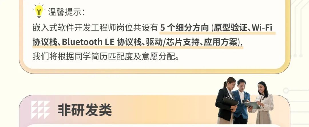 <p>”温馨提示:</p>
<p>嵌入式软件开发工程师岗位共设有5个细分方向(原型验证、Wi-Fi</p>
<p>协议栈、Bluetooth LE协议栈、驱动/芯片支持、应用方案),</p>
<p>我们将根据同学简历匹配度及意愿分配。</p>
<p>非研发类</p>
