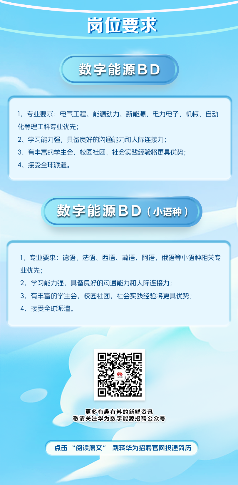 <p>岗位要求</p>
<p>数字能源BD</p>
<p>1、专业要求：电气工程、能源动力、新能源、电力电子、机械、自动</p>
<p>化等理工科专业优先；</p>
<p>2、学习能力强，具备良好的沟通能力和人际连接力；</p>
<p>3、有丰富的学生会、校园社团、社会实践经验将更具优势；</p>
<p>4、接受全球派遣。</p>
<p>数字能源BD(小语种）</p>
<p>1、专业要求:德语、法语、西语、葡语、阿语、俄语等小语种相关专</p>
<p>业优先；</p>
<p>2、学习能力强，具备良好的沟通能力和人际连接力；</p>
<p>3、有丰富的学生会、校园社团、社会实践经验将更具优势：</p>
<p>4、接受全球派遣。</p>
<p>更多有趣有料的新鲜资讯</p>
<p>敬请关注华为数字能源招聘公众号</p>
<p>点击&ldquo;阅读原文&rdquo;</p>
<p>跳转华为招聘官网投递简历</p>
