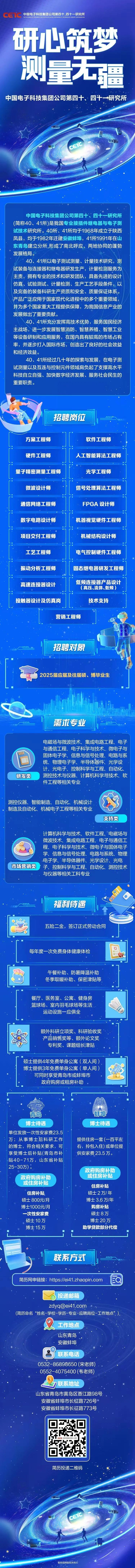 <p>CETC中国电子科技集团公司第四十、四十-研究所</p>
<p>研心筑梦</p>
<p>测量无</p>
<p>==</p>
<p>中国电子科技集团公司第四十、四十-研究所</p>
<p>中国电子科技集团公司第四十、四十一研究所</p>
<p>(简称40、41所)是我国专业接插件继电器与电子测</p>
<p>试技术研究所。40所、41所均于1968年成立于陕西</p>
<p>凤县,均于1982年迁建安徽蚌埠,41所1991年在山</p>
<p>东青岛建立分所,形成了南北呼应、两地协同的蓬勃</p>
<p>发展格局。</p>
<p>40、 41所以电子测试测量、 计量技术研究,测</p>
<p>试装备与连接器和继电器研发生产,计量检测服务为</p>
<p>主责,拥有专业的技术和研发团队,具备先进的设计</p>
<p>仿真、试验测试、计量检测、生产工艺手段条件,以</p>
<p>及完备的装备科研生产资质和安全、质量保证体系。</p>
<p>产品广泛应用于国家现代化进程中的多个重要领域,</p>
<p>并为多个国家重大工程提供保障,为我国信息产业的</p>
<p>发展做出了重要贡献。</p>
<p>40、41所充分发挥高技术优势,服务国民经济</p>
<p>主战场,进一步发展智慧消防、智慧养殖、智慧工业</p>
<p>等设备研制和应用服务,在国内具有较高的市场占有</p>
<p>率,并逐步打入国际市场,创造出了良好的社会效益</p>
<p>和经济效益。</p>
<p>40、41所经过几十年的探索与发展,在电子测</p>
<p>试测量以及互连与控制元件领域肩负起了支撑高水平</p>
<p>科技自立自强、加快数字经济发展、服务社会民生的</p>
<p>重要职责。</p>
<p>招聘岗位</p>
<p>方案工程师JT[.软件工程师</p>
<p>十</p>
<p>硬件工程师人工智能算法工程师</p>
<p>量子精密测量工程师光学工程师</p>
<p>:</p>
<p>微波设计师信号处理算法工程师</p>
<p>:</p>
<p>通信网络工程师FPGA设计师</p>
<p>数字电路设计师北机器视觉硬件工程师</p>
<p>项目交付工程师机械结构设计师</p>
<p>:1</p>
<p>工艺工程师电气控制硬件工程师</p>
<p>振动分析工程师固态继电器研发工程师</p>
<p>高速连接器设计低频连接器产品设计(高压、流体、低频)</p>
<p>接触器设计及仿真岗技术支持</p>
<p>营销工程师</p>
<p>D</p>
<p>招聘对象印</p>
<p>) 2025届应届及往届硕、博毕业生</p>
<p>需术专业</p>
<p>电磁场与微波技术、集成电路工程、电子</p>
<p>与通信工程、电子科学与技术微电子与</p>
<p>固体电子学、信息与信号处理、电路与系</p>
<p>统、物理电子学、半导体器件、光学设</p>
<p>计、光电子、控制科学与工程、自动化、</p>
<p>研发类测控技术与仪器、计算机科学与技术、软</p>
<p>件工程等相关专业</p>
<p>测控仪器、智能制造、自动化、机械设计</p>
<p>制造及自动化、机械电子工程等相关专业</p>
<p>支持类</p>
<p>计算机科学与技术、软件工程、电磁场与</p>
<p>微波技术、集成电路工程、电子与通信工</p>
<p>程、电子科学与技术、微电子与固体电子</p>
<p>学、信息与信号处理、电路与系统、物理</p>
<p>电子学、半导体器件、光学设计、光电</p>
<p>市场营销类子、控制科学与工程、自动化、测控技术</p>
<p>与仪器等相关工科专业</p>
<p>福利待遇</p>
<p>个</p>
<p>00o</p>
<p>五险二金,签订正式劳动合同</p>
<p>每年度一次免费身体健康体检☐</p>
<p>午餐补助、防暑降温补助</p>
<p>冬季取暖补助、保密津贴等</p>
<p>餐厅、医务室、公寓、健身房</p>
<p>篮球场、室内羽毛球场等生活.</p>
<p>运动设施-应俱全</p>
<p>额外科研立项奖、科研验收奖</p>
<p>产品销售奖等、额外论文奖</p>
<p>专利奖、课题组长津贴</p>
<p>硕士提供4年免费单身公寓(双人间)</p>
<p>博士提供3年免费单身公寓(单人间)</p>
<p>可同时享受青岛市或蚌埠市</p>
<p>政府购房或租房补助。</p>
<p>青岛</p>
<p>博士待遇博士待遇</p>
<p>单位发放一次性安家费23.5</p>
<p>万; 从事博士后科研工作提供住房一套(一百平左</p>
<p>的博士, 符合相关要求, 可右,拎包入住)或单位提</p>
<p>享受博士后补贴(青 岛市补供安家费23.5万。</p>
<p>贴40-71万,山东省补贴</p>
<p>25-30万)。</p>
<p>政府购房补助</p>
<p>政府购房补助或住房补贴</p>
<p>或住房补贴住房补贴</p>
<p>住房补贴硕士2万/年</p>
<p>硕士800元/月、博士3.6万/年</p>
<p>博士1000元/月购房补贴</p>
<p>次性安家费硕士8万</p>
<p>硕士10万博士20万</p>
<p>博士15万助学贷款部分代偿</p>
<p>联系方式</p>
<p>简历网申链接: https://ei41.zhaopin.com國</p>
<p>投递邮箱</p>
<p>****</p>
<p>(简历命名“姓名-学校-学历-专业-应聘岗位工作地点" ).</p>
<p>。工作地点</p>
<p>山东青岛</p>
<p>安徽蚌埠</p>
<p>8联系电话</p>
<p>0532-86898650 (宋老师)</p>
<p>0552-4075400 (韦老师)</p>
<p>7联系地址</p>
<p>山东省青岛市黄岛区香江路98号</p>
<p>安徽省蚌埠市长征路726号</p>
<p>安徽省蚌埠市长征路773号</p>
<p>Icenc 国力相酒装赠8一部明</p>
<p>简历投递维码</p>
<p>u</p>
<p>智联招聘版权所有⑤</p>
