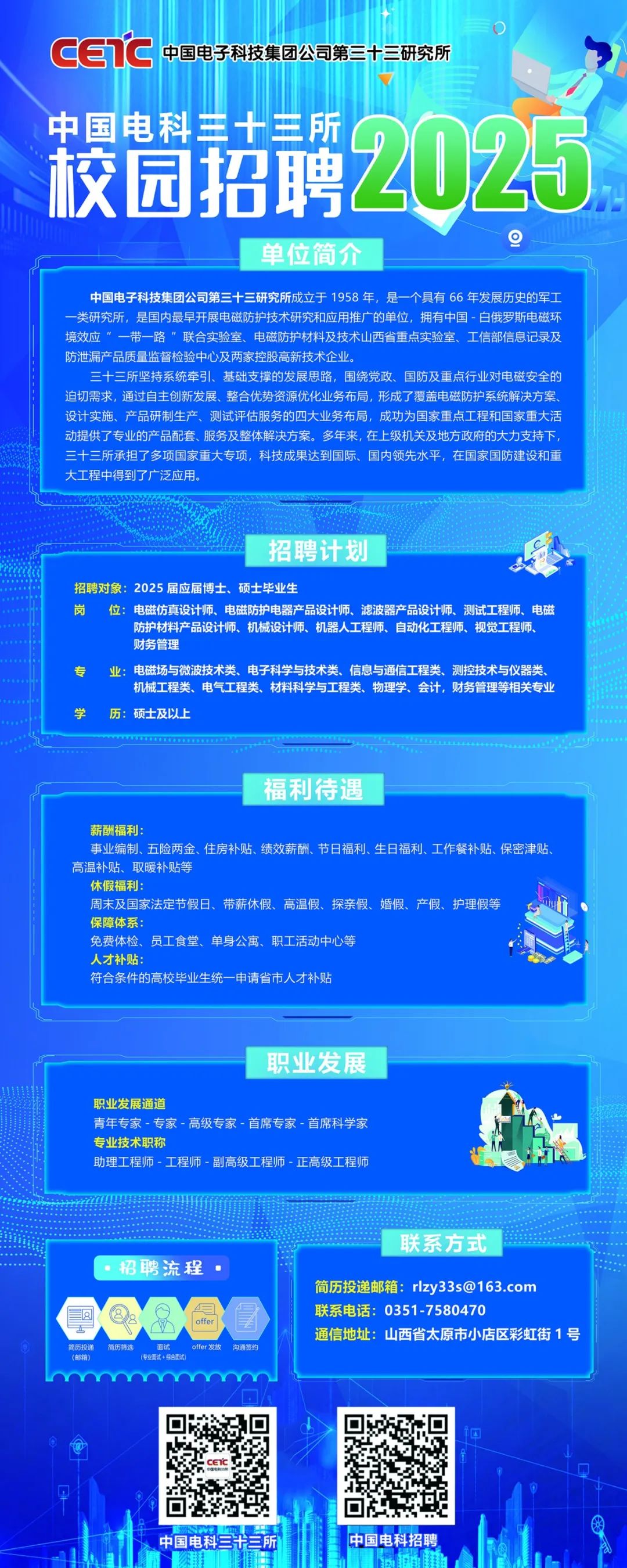 <p>csc<br/>中国电子科技集团公司第三十三研究所</p>
<p>中国电科三十三所</p>
<p>校园招聘2025</p>
<p>单位简介</p>
<p>中国电子科技集团公司第三十三研究所成立于1958年，是一个具有66年发展历史的军工<br/>一类研究所，是国内最早开展电磁防护技术研究和应用推广的单位，拥有中国-白俄罗斯电磁环<br/>境效应”一带一路”联合实验室、电磁防护材料及技术山西省重点实验室、工信部信息记录及<br/>防泄漏产品质量监督检验中心及两家控股高新技术企业</p>
<p>三十三所坚持系统牵引、基础支撑的发展思路，围绕党政、国防及重点行业对电磁安全的<br/>迫切需求，通过自主创新发展、整合优势资源优化业务布局，形成了覆盖电磁防护系统解决方案<br/>设计实施、产品研制生产、测试评估服务的四大业务布局，成功为国家重点工程和国家重大活<br/>动提供了专业的产品配套、服务及整体解决方案。多年来，在上级机关及地方政府的大力支持下<br/>三十三所承担了多项国家重大专项，科技成果达到国际、国内领先水平，在国家国防建设和重<br/>大工程中得到了广泛应用</p>
<p>招聘计划</p>
<p>招聘对象:2025届应届博士、硕士毕业生</p>
<p>岗位:电磁仿真设计师、电磁防护电器产品设计师、滤波器产品设计师、测试工程师、电磁</p>
<p>防护材料产品设计师、机械设计师、机器人工程师、自动化工程师、视觉工程师、<br/>财务管理</p>
<p>业:电磁场与微波技术类、电子科学与技术类、信息与通信工程类、测控技术与仪器类</p>
<p>机械工程类、电气工程类、材料科学与工程类、物理学、会计，财务管理等相关专业</p>
<p>学</p>
<p>历:硕土及以上</p>
<p>福利待遇</p>
<p>薪酬福利:</p>
<p>事业编制、五险两金、住房补贴、绩效薪酬、节日福利、生日福利、工作餐补贴、保密津贴、<br/>高温补贴、取暖补贴等</p>
<p>休假福利:</p>
<p>周末及国家法定节假日、带薪休假、高温假、探亲假、婚假、产假、护理假等</p>
<p>保障体系:</p>
<p>免费体检、员工食堂、单身公寓、职工活动中心等</p>
<p>人才补贴:</p>
<p>符合条件的高校毕业生统一申请省市人才补贴</p>
<p>职业发展</p>
<p>职业发展通道</p>
<p>青年专家-专家-高级专家-首席专家-首席科学家<br/>专业技术职移</p>
<p>助理工程师-工程师-副高级工程师-正高级工程师</p>
<p>招聘流程</p>
<p>奇历筛</p>
<p>联系方式</p>
<p>简历投递邮箱:****<br/>联系电话:0351-7580470</p>
<p>通信地址:山西省太原市小店区彩虹街1号</p>
<p>中国电科</p>
<p>三所</p>
<p>中国电科招聘</p>

