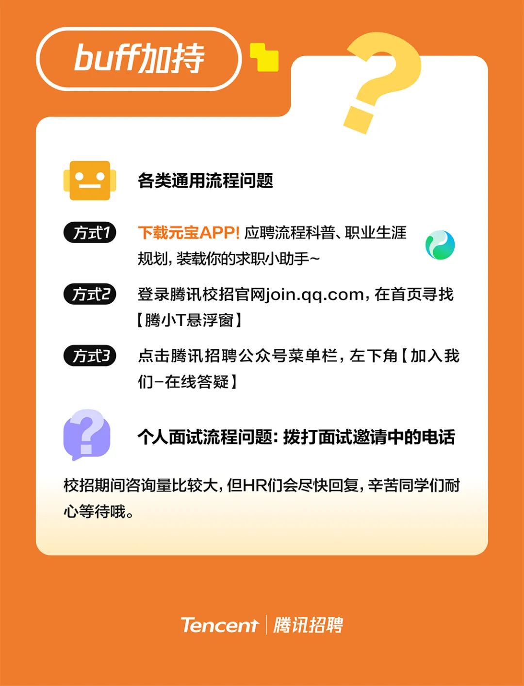 <p>buff加持</p>
<p>各类通用流程问题</p>
<p>方式1下载元宝APP!应聘流程科普、职业生涯</p>
<p>规划，装载你的求职小助手~</p>
<p>方式2登录腾讯校招官网join.qq.com,在首页寻找</p>
<p>[腾小T悬浮窗]</p>
<p>方式3点击腾讯招聘公众号菜单栏，左下角[加入我</p>
<p>们-在线答疑]</p>
<p>个人面试流程问题:拨打面试邀请中的电话</p>
<p>校招期间咨询量比较大,但HR们会尽快回复,辛苦同学们耐<br/>心等待哦。</p>
<p>Tencent|腾讯招聘</p>
