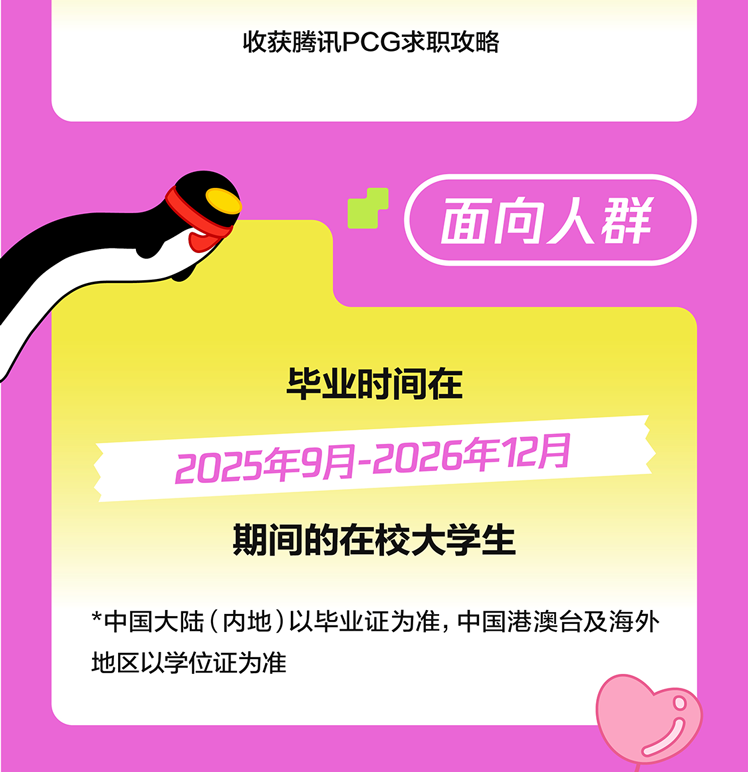 <p>收获腾讯PCG求职攻略</p>
<p>面向人群</p>
<p>毕业时间在</p>
<p>2025年9月-2026年12月</p>
<p>期间的在校大学生</p>
<p>*中国大陆(内地)以毕业证为准,中国港澳台及海外<br/>地区以学位证为准</p>
