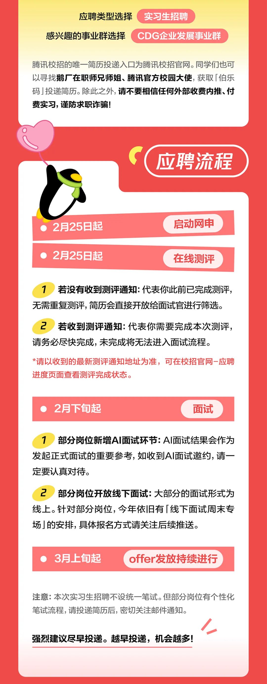 <p>应聘类型选择<br/>实习生招聘</p>
<p>感兴趣的事业群选择CDG企业发展事业群</p>
<p>腾讯校招的唯一简历投递入口为腾讯校招官网。同学们也可<br/>以寻找鹅厂在职师兄师姐、腾讯官方校园大使，获取「伯乐<br/>码」投递简历。除此之外,请不要相信任何外部收费内推、付<br/>费实习，谨防求职诈骗!</p>
<p>应聘流程</p>
<p>2月25日起<br/>2月25日起</p>
<p>启动网申<br/>在线测评</p>
<p>1<br/>若没有收到测评通知:代表你此前已完成测评，<br/>无需重复测评，简历会直接开放给面试官进行筛选。</p>
<p>2 若收到测评通知:代表你需要完成本次测评，<br/>请务必尽快完成，未完成将无法进入面试流程。</p>
<p>*请以收到的最新测评通知地址为准，可在校招官网-应聘<br/>进度页面查看测评完成状态。</p>
<p>2月下旬起</p>
<p>面试</p>
<p>1部分岗位新增AI面试环节:AI面试结果会作为<br/>发起正式面试的重要参考,如收到AI面试邀约,请一<br/>定要认真对待。</p>
<p>2<br/>部分岗位开放线下面试:大部分的面试形式为<br/>线上。针对部分岗位,今年依旧有「线下面试周末专<br/>场」的安排，具体报名方式请关注后续推送。</p>
<p>3月上旬起</p>
<p>offer发放持续进行</p>
<p>注意:本次实习生招聘不设统一笔试。但部分岗位有个性化<br/>笔试流程,请投递简历后，密切关注邮件通知。</p>
<p>强烈建议尽早投递。越早投递，机会越多!</p>
