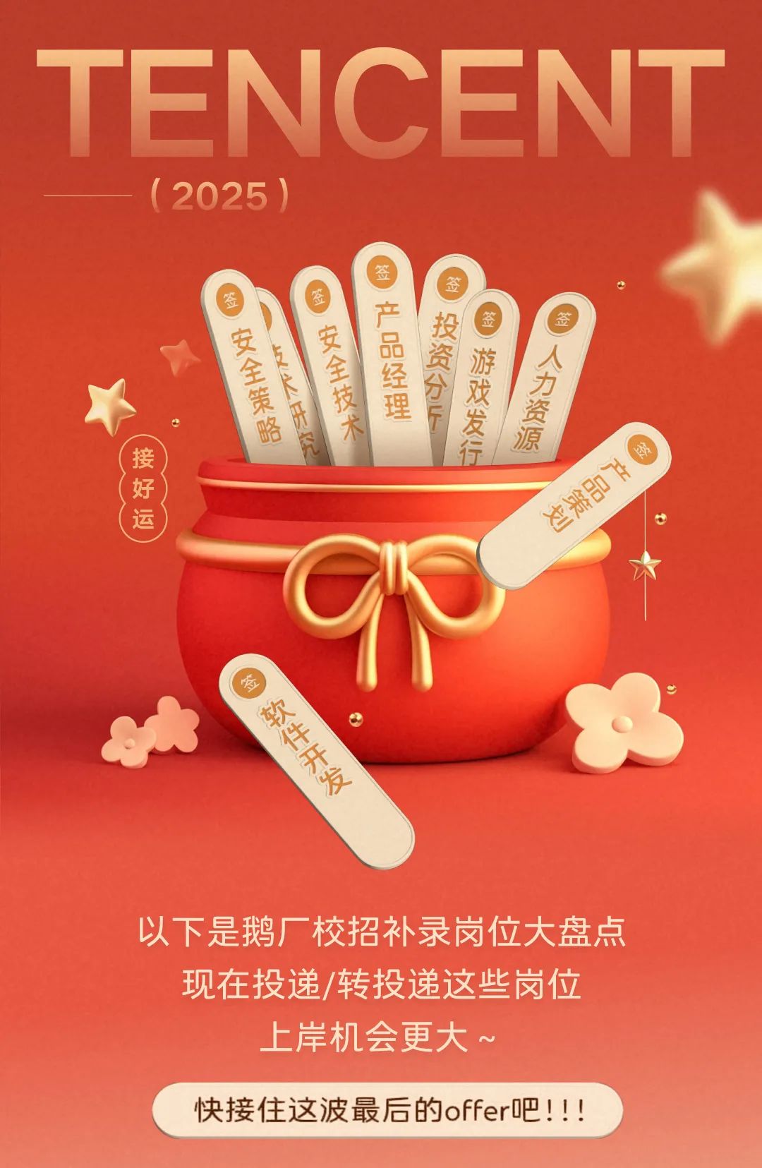 <p>TENCENT<br/>(2025)</p>
<p>接好运</p>
<p>签投资分斤</p>
<p>产品经理</p>
<p>签游戏发行</p>
<p>安全策略</p>
<p>上上川</p>
<p>人力资源</p>
<p>安全技术</p>
<p>福</p>
<p>产品策划</p>
<p>软件开发</p>
<p>以下是鹅厂校招补录岗位大盘点</p>
<p>现在投递/转投递这些岗位<br/>上岸机会更大~</p>
<p>快接住这波最后的offer吧!!!</p>
