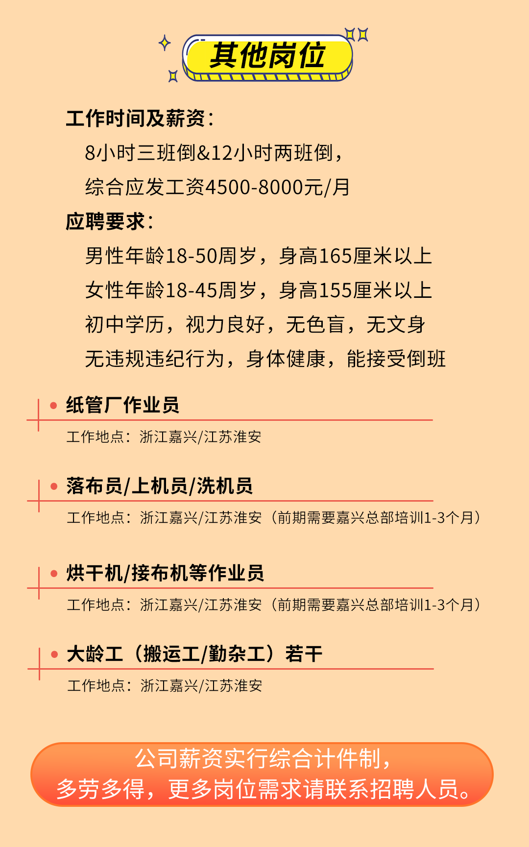 <p>其他岗位</p>
<p>0</p>
<p>工作时间及薪资:</p>
<p>8小时三班倒&12小时两班倒，</p>
<p>综合应发工资4500-8000元/月</p>
<p>应聘要求:</p>
<p>男性年龄18-50周岁，身高165厘米以上<br/>女性年龄18-45周岁，身高155厘米以上<br/>初中学历，视力良好，无色盲，无文身<br/>无违规违纪行为，身体健康，能接受倒班</p>
<p>纸管厂作业员</p>
<p>工作地点:浙江嘉兴/江苏淮安</p>
<p>落布员/上机员/洗机员</p>
<p>工作地点:浙江嘉兴/江苏淮安(前期需要嘉兴总部培训1-3个月)</p>
<p>烘干机/接布机等作业员</p>
<p>工作地点:浙江嘉兴/江苏淮安(前期需要嘉兴总部培训1-3个月)</p>
<p>大龄工(搬运工/勤杂工)若干<br/>工作地点:浙江嘉兴/江苏淮安</p>
<p>公司薪资实行综合计件制，</p>
<p>多劳多得，更多岗位需求请联系招聘人员。</p>
