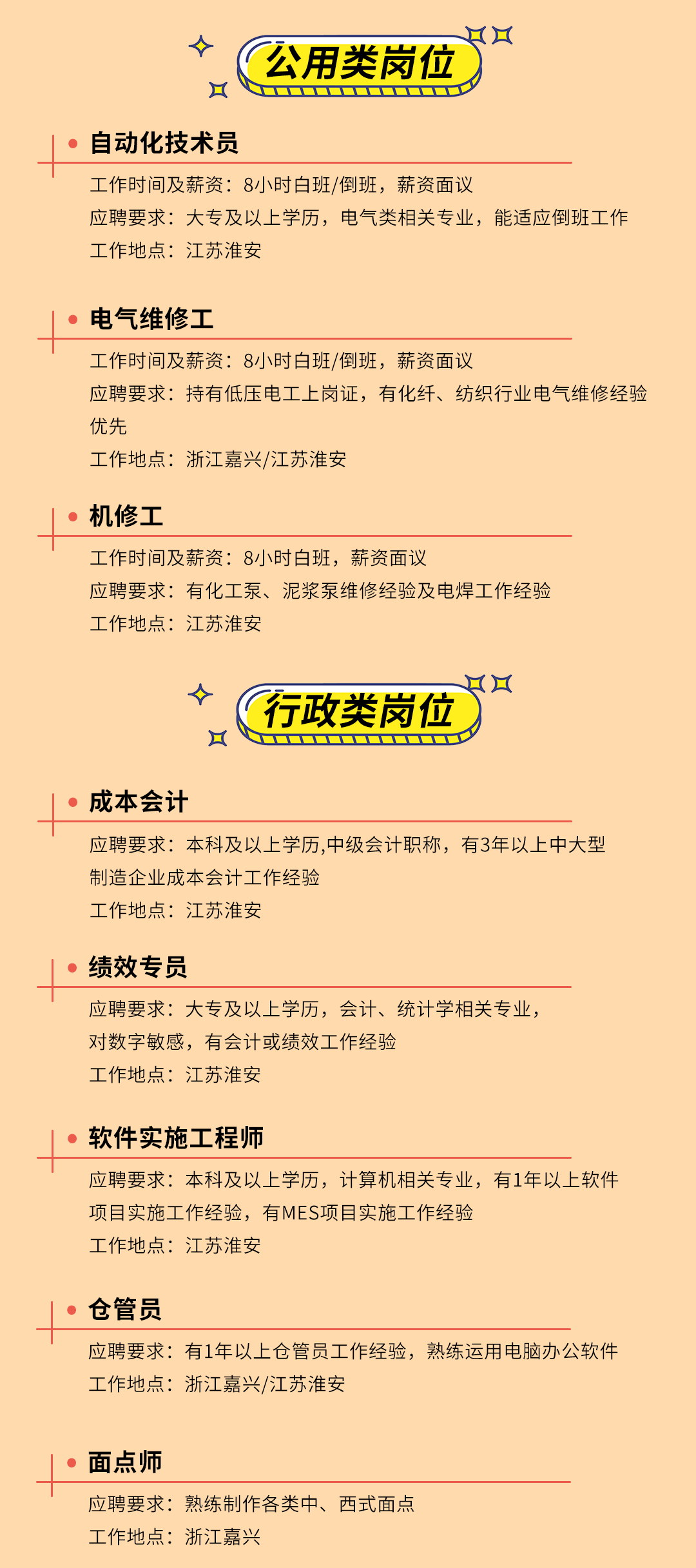 <p>口</p>
<p>口</p>
<p>公用类岗位<br/>口口</p>
<p>自动化技术员</p>
<p>工作时间及薪资:8小时白班/倒班，薪资面议</p>
<p>应聘要求:大专及以上学历，电气类相关专业，能适应倒班工作<br/>工作地点:江苏淮安</p>
<p>电气维修工</p>
<p>工作时间及薪资:8小时白班/倒班，薪资面议</p>
<p>应聘要求:持有低压电工上岗证，有化纤、纺织行业电气维修经验<br/>优先</p>
<p>工作地点:浙江嘉兴/江苏淮安</p>
<p>机修工</p>
<p>工作时间及薪资:8小时白班，薪资面议</p>
<p>应聘要求:有化工泵、泥浆泵维修经验及电焊工作经验<br/>工作地点:江苏淮安</p>
<p>口</p>
<p>X</p>
<p>口</p>
<p>行政类岗位</p>
<p>成本会计</p>
<p>应聘要求:本科及以上学历,中级会计职称，有3年以上中大型<br/>制造企业成本会计工作经验</p>
<p>工作地点:江苏淮安</p>
<p>绩效专员</p>
<p>应聘要求:大专及以上学历，会计、统计学相关专业，<br/>对数字敏感，有会计或绩效工作经验</p>
<p>工作地点:江苏淮安</p>
<p>软件实施工程师</p>
<p>应聘要求:本科及以上学历，计算机相关专业，有1年以上软件<br/>项目实施工作经验，有MES项目实施工作经验</p>
<p>工作地点:江苏淮安</p>
<p>仓管员</p>
<p>应聘要求:有1年以上仓管员工作经验，熟练运用电脑办公软件<br/>工作地点:浙江嘉兴/江苏淮安</p>
<p>面点师</p>
<p>应聘要求:熟练制作各类中、西式面点<br/>工作地点:浙江嘉兴</p>
