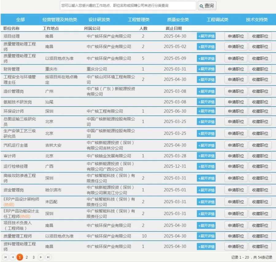 <table>
<tr><td></td>
<td>您可以输入您感兴趣的工作地点职位名称或招聘公司来进行分类查询</td>
<td>Q查询</td>
<td colspan="5"></td>
</tr>
<tr><td colspan="8">全部 经营管理及其他类 设计研发类 工程管理类 质量安全类 工程调试类 技术支持类</td>
</tr>
<tr><td colspan="8">职位名称 工作地点 所属公司 人数 截止日期</td>
</tr>
<tr><td colspan="3">项目经理 南昌 中广核环保产业有限公司 2 2025-04-30 I +展开洋情</td>
<td></td>
<td colspan="2">申请职位</td>
<td>收藏职位</td>
<td></td>
</tr>
<tr><td rowspan="2" colspan="4">质量管理助理工程南昌 中广核环保产业有限公司 2 2025-05-02 +展开详情师</td>
<td colspan="4">申请职位 收藏职位</td>
</tr>
<tr><td colspan="4"></td>
</tr>
<tr><td colspan="8">质量管理助理工程以项目地点为准 中广核环保产业有限公司 5 2025-05-09 +展开详情 申请职位 收藏职位师</td>
</tr>
<tr><td colspan="3">财务管理 重庆市 重庆分公司 1 2025-03-31 +展开详情</td>
<td colspan="5">申请职位 收藏职位</td>
</tr>
<tr><td rowspan="3" colspan="3">工程安全与环境管 按项目所在地点确 中广核山河环境工程有限公2 2025-04-30 +展开详情理主任 定 司</td>
<td colspan="3"></td>
<td colspan="2"></td>
</tr>
<tr><td colspan="3">申请职位</td>
<td colspan="2">收藏职位</td>
</tr>
<tr><td colspan="3"></td>
<td colspan="2"></td>
</tr>
<tr><td rowspan="2" colspan="5">中广核(广东)新能源投资造价管理岗 广州 2025-03-08 +展开洋情 申请职位有限公司</td>
<td colspan="2">收藏职位</td>
<td></td>
</tr>
<tr><td colspan="2"></td>
<td></td>
</tr>
<tr><td colspan="5">氢能技术研发岗 汕尾 2025-03-08 +展开详情 申请职位</td>
<td colspan="3">收藏职位</td>
</tr>
<tr><td colspan="8">环保设计师 深圳 中广核工程有限公司 1 2025-06-30 +展开详情 申请职位 收藏职位</td>
</tr>
<tr><td colspan="8">总图运输三级研究 中国广核新能源控股有限公北京 1 2025-03-25 +展开详情 申请职位 收藏职位员 司</td>
</tr>
<tr><td rowspan="3" colspan="4">生产安装工艺三级 中国广核新能源控股有限公北京 2025-03-25 +展开洋情研究员 司</td>
<td colspan="3"></td>
<td></td>
</tr>
<tr><td>申请职位</td>
<td colspan="2">收藏职位</td>
<td></td>
</tr>
<tr><td colspan="3"></td>
<td></td>
</tr>
<tr><td colspan="7">中广核新能源投资(深圳)汽机运行主值 吉林大安 2025-04-30 I +展开详情 申请职位 收藏职位有限公司吉林分公司</td>
<td></td>
</tr>
<tr><td colspan="7">审计师 北京 中广核铀业发展有限公司 1 2025-03-28 +展开洋情 申请职位 收藏职位</td>
<td></td>
</tr>
<tr><td colspan="6"></td>
<td colspan="2"></td>
</tr>
<tr><td colspan="3">中广核新能源投资(深圳)运行检修经理 广西 2025-12-31 +展开详情有限公司广西分公司</td>
<td colspan="2">申请职位</td>
<td></td>
<td>收藏职位</td>
<td></td>
</tr>
<tr><td colspan="6"></td>
<td colspan="2"></td>
</tr>
<tr><td colspan="8">高级攻防渗透工程 中广核智能科技(深圳)有深圳 2 2025-03-31 +展开详情 申请职位 收藏职位师 限责任公司</td>
</tr>
<tr><td rowspan="3" colspan="6">中广核新能源投资(深圳)资金管理岗 哈尔滨市 1 2025-05-01 +展开洋情 申请职位有限公司黑龙江分公司</td>
<td></td>
<td></td>
</tr>
<tr><td>收藏职位</td>
<td></td>
</tr>
<tr><td></td>
<td></td>
</tr>
<tr><td colspan="7">ERP产品设计架构师 中广核智能科技(深圳)有未匹配 2 2025-03-31 +展开详情 申请职位 收藏职位(热招) 限责任公司</td>
<td></td>
</tr>
<tr><td colspan="8">ERP产品功能设计主 中广核智能科技(深圳)有深圳 2 2025-03-31 +展开洋情 申请职位收藏职位任工程师(热招 ) 限责任公司</td>
</tr>
<tr><td rowspan="2" colspan="3">项目技术负责人南昌 中广核环保产业有限公司 2 2025-04-30 +展开洋情(工程师级)</td>
<td colspan="3">申请职位</td>
<td>收藏职位</td>
<td></td>
</tr>
<tr><td colspan="3"></td>
<td></td>
<td></td>
</tr>
<tr><td colspan="3">质量管理工程师 以项目地点为准 中广核环保产业有限公司 10 2025-04-30 +展开详情</td>
<td colspan="3">申请职位</td>
<td>收藏职位</td>
<td></td>
</tr>
<tr><td colspan="8">资料管理助理工程南昌 中广核环保产业有限公司 1 2025-04-30 +展开详情 申请职位 收藏职位师 230N 记是1-20,共54条记录</td>
</tr>
</table>