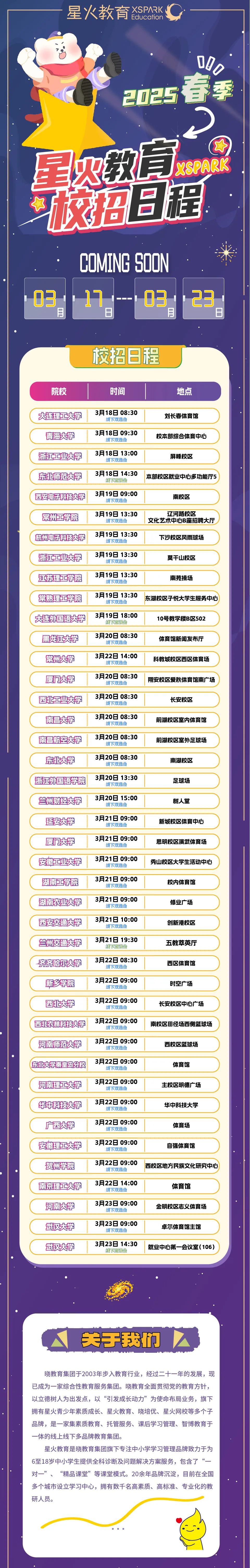 <p>星火教育XSP^3K</p>
<p>100<br/>2025春季</p>
<p> </p>
<p>星火教育<br/>&pound;</p>
<p>校海日程</p>
<p>COMING SOON</p>
<p>03<br/>17.一<br/>031<br/>23</p>
<p>枝招日程</p>
<p>院校</p>
<p>时间</p>
<p>地点</p>
<p>大连理工大学<br/>海大学<br/>浙工业大学<br/>东卫师范大学<br/>西安电子科技大学<br/>常州工学院<br/>杭州电子科技大学<br/>浙江业大学<br/>江苏理工学院<br/>常熟理工学院<br/>大连)国语大学<br/>黑龙工大学<br/>常州大学<br/>厦门大学<br/>西北工业大学<br/>南昌大学<br/>南昌航空大学<br/>东北大学<br/>浙工外国语学院<br/>兰州财经大学<br/>延安大学<br/>厦门大学<br/>安徽工业大学<br/>湖南工学院<br/>湖南农业大学<br/>西安交通大学<br/>兰州交通大学<br/>流济哈尔大学<br/>新3学院<br/>西北大学<br/>西北农林科技大学<br/>河南师范大学<br/>东北大学素皇岛分校<br/>河南理工大学<br/>华中科技大学<br/>广西大学<br/>安徽理工大学<br/>贸州学院<br/>南京理工大学<br/>河南大学<br/>武汉大学<br/>武汉大学</p>
<p>3月18日08:30<br/>线下双选会</p>
<p>3月18日09:30<br/>线下双选会</p>
<p>3月18日13:00<br/>线下双选会</p>
<p>3月18日14:30<br/>线下宣讲会</p>
<p>3月19日09:00<br/>线下双选会</p>
<p>3月19日13:30<br/>线下双选会</p>
<p>3月19日 13:30<br/>线下双选会</p>
<p>3月19日13:30<br/>线下双选会</p>
<p>3月19日13:30<br/>线下双选会</p>
<p>3月19日13:30<br/>线下双选会</p>
<p>3月19日18:00<br/>线下宣说会</p>
<p>3月20日08:30<br/>线下双选会</p>
<p>3月22日14:00<br/>线下双选会</p>
<p>3月20日08:30<br/>线下双选会</p>
<p>3月20日08:30<br/>线下双选会</p>
<p>3月20日08:30<br/>线下双选会</p>
<p>3月20日 08:30<br/>线下双进会</p>
<p>3月20日 08:30<br/>线下双选会</p>
<p>3月20日13:30<br/>线下双选会</p>
<p>3月20日15:00<br/>线下双选会</p>
<p>3月21日 09:00<br/>线下双选会</p>
<p>3月21日09:00<br/>线下双选会</p>
<p>3月21日 09:00<br/>线下双选会</p>
<p>3月21日09:00<br/>线下双选会</p>
<p>3月21日09:00<br/>线下双选会</p>
<p>3月21日10:00<br/>线下双选会</p>
<p>3月21日19:30<br/>线下宣讲会</p>
<p>3月22日08:30<br/>线下双选会</p>
<p>3月22日 09:00<br/>线下双选会</p>
<p>3月22日 09:00<br/>线下双选会</p>
<p>3月22日09:00<br/>线下双任会</p>
<p>3月22日 09:00<br/>线下双选会</p>
<p>3月22日 09:00<br/>线下双选会</p>
<p>3月22日 09:00<br/>线下双选会</p>
<p>3月22日09:00<br/>线下双选会</p>
<p>3月22日 09:00</p>
<p>线下双选会</p>
<p>3月22日 09:00<br/>线下双选会</p>
<p>3月22日09:00<br/>线下双选会</p>
<p>3月22日 14:00</p>
<p>线下双进会</p>
<p>3月23日09:00<br/>线下双选会</p>
<p>3月23日09:00</p>
<p>线下双选会</p>
<p>3月23日14:30<br/>线下宣讲会</p>
<p>刘长春体育馆<br/>校本部综合体育中心</p>
<p>屏峰校区</p>
<p>本部校区就业中心多功能厅5</p>
<p>南校区</p>
<p>辽河路校区</p>
<p>文化艺术中心B座招聘大厅</p>
<p>下沙校区风雨球场</p>
<p>莫干山校区</p>
<p>南苑操场</p>
<p>东湖校区子悦大学生服务中心</p>
<p>10号教学楼B区502<br/>体育馆新闻发布厅<br/>科教城校区西区体育场<br/>翔安校区爱秋体育馆南广场</p>
<p>长安校区</p>
<p>前湖校区室内体育馆<br/>前湖校区室外足球场</p>
<p>南湖校区</p>
<p>足球场</p>
<p>树人堂</p>
<p>新城校区体育中心<br/>思明校区演武体育场<br/>秀山校区大学生活动中心</p>
<p>校内体育馆</p>
<p>修业广场</p>
<p>创新港校区<br/>五教萃英厅<br/>西区体育馆</p>
<p>时空广场</p>
<p>长安校区中心广场<br/>南校区田径场西侧篮球场</p>
<p>西校区篮球场</p>
<p>体育馆</p>
<p>主校区明德广场<br/>华中科技大学</p>
<p>体育场</p>
<p>自强体育馆</p>
<p>西校区地方民族文化研究中心</p>
<p>体育馆</p>
<p>金明校区志义体育场<br/>卓尔体育馆主馆</p>
<p>就业中心第一会议室(106)</p>
<p>美关子我们</p>
<p>晓教育集团于2003年步入教育行业，经过二十一年的发展，现<br/>已成为一家综合性教育服务集团。晓教育全面贯彻党的教育方针,<br/>以立德树人为出发点，以&ldquo;引发成长动力&rdquo;为使命布局业务，旗下<br/>拥有星火青少年素质成长、星火教育、晓培优、星火网校等多个子<br/>品牌，是一家集素质教育、托管服务、课后学习管理、智博教育于<br/>一体的线上线下多品牌教育集团。</p>
<p>星火教育是晓教育集团旗下专注中小学学习管理品牌致力于为<br/>6至18岁中小学生提供全科诊断及问题解决方案服务，包含了&ldquo;一<br/>对一&rdquo;、&ldquo;精品课堂&rdquo;等课堂模式。20余年品牌沉淀，目前在全国<br/>多个城市设立学习中心，拥有数千名高素质、高标准、专业化的教<br/>研人员。</p>
