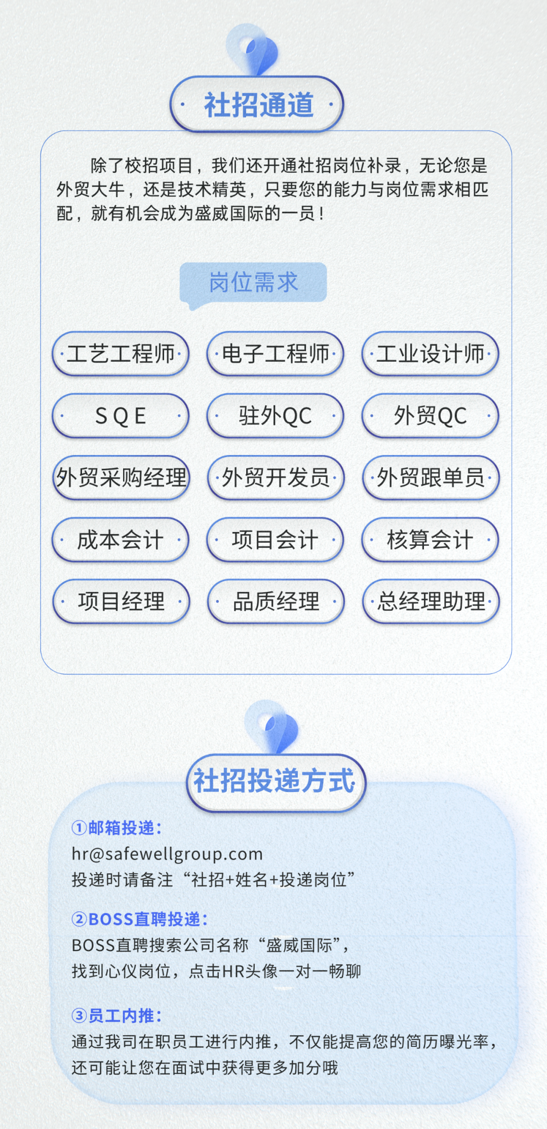 <p>社招通道</p>
<p>除了校招项目，我们还开通社招岗位补录，无论您是<br/>外贸大牛，还是技术精英，只要您的能力与岗位需求相匹<br/>配，就有机会成为盛威国际的一员!</p>
<p>岗位需求</p>
<p>工艺工程师</p>
<p>SQE</p>
<p>外贸采购经理</p>
<p>成本会计<br/>项目经理</p>
<p>.电子工程师<br/>驻外QC<br/>.外贸开发员<br/>项目会计<br/>品质经理</p>
<p>工业设计师<br/>外贸QC<br/>.外贸跟单员<br/>核算会计<br/>总经理助理</p>
<p>社招投递方式</p>
<p>①邮箱投递:</p>
<p>****</p>
<p>投递时请备注&ldquo;社招+姓名+投递岗位&rsquo;</p>
<p>②BOSS直聘投递:</p>
<p>BOSS直聘搜索公司名称&ldquo;盛威国际&rdquo;，<br/>找到心仪岗位，点击HR头像一对一畅聊</p>
<p>③员工内推:</p>
<p>通过我司在职员工进行内推，不仅能提高您的简历曝光率，<br/>还可能让您在面试中获得更多加分哦</p>
