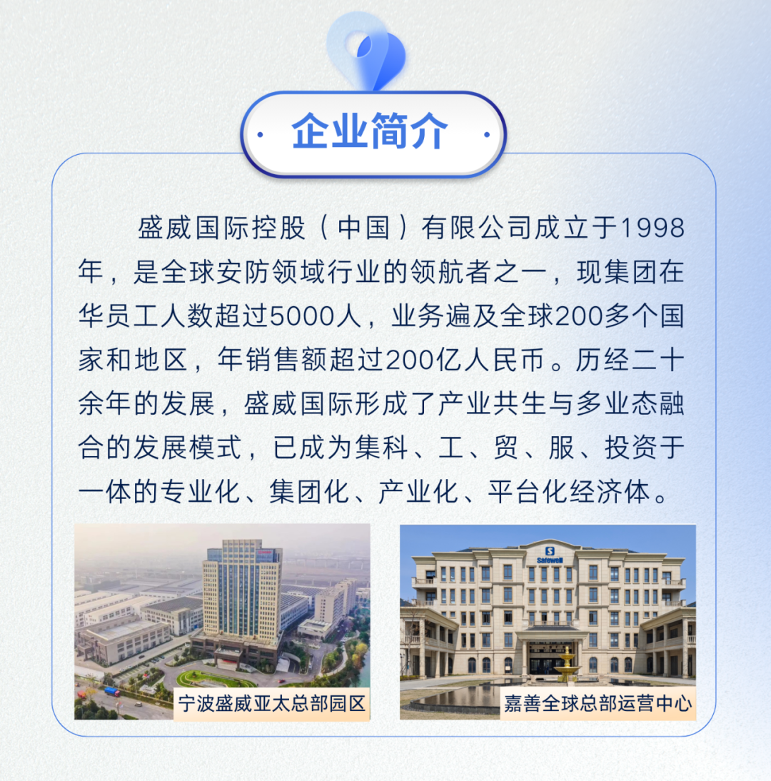 <p>企业简介)</p>
<p>盛威国际控股(中国)有限公司成立于1998</p>
<p>年,是全球安防领域行业的领航者之一,现集团在</p>
<p>华员工人数超过5000人,业务遍及全球200多个国</p>
<p>家和地区,年销售额超过200亿人民币。历经二十</p>
<p>余年的发展,盛威国际形成了产业共生与多业态融</p>
<p>合的发展模式,已成为集科、工、贸、服、投资于</p>
<p>一体的专业化、集团化、产业化、平台化经济体。</p>
<p>5</p>
<p>宁波盛威亚 太总部园区L嘉善全球总部运营中心</p>
