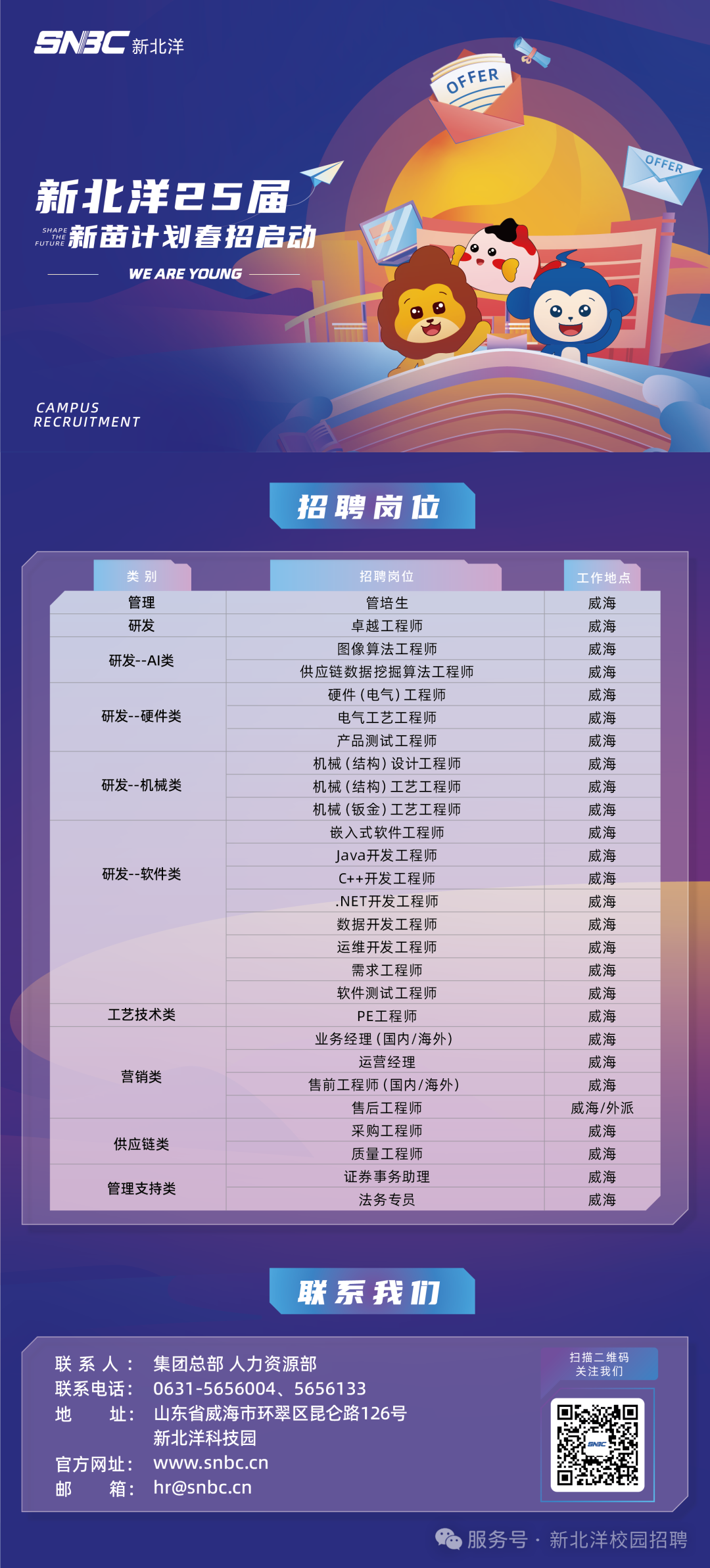 <p>SN3C新北洋</p>
<p>OFFER</p>
<p>新1北洋25届<br/>新苗计划春招启动</p>
<p>WE ARE YOUNG</p>
<p>OFFER</p>
<p>CAMPUS</p>
<p>RECRUITMENT</p>
<p>招聘岗位</p>
<p>类别</p>
<p>管理</p>
<p>研发</p>
<p>研发--AI类</p>
<p>研发--硬件类</p>
<p>研发--机械类</p>
<p>研发--软件类</p>
<p>工艺技术类</p>
<p>营销类</p>
<p>供应链类<br/>管理支持类</p>
<p>招聘岗位</p>
<p>管培生</p>
<p>卓越工程师</p>
<p>图像算法工程师</p>
<p>供应链数据挖掘算法工程师<br/>硬件(电气)工程师</p>
<p>电气工艺工程师<br/>产品测试工程师<br/>机械(结构)设计工程师<br/>机械(结构)工艺工程师<br/>机械(钣金)工艺工程师</p>
<p>嵌入式软件工程师<br/>Java开发工程师<br/>C++开发工程师<br/>.NET开发工程师<br/>数据开发工程师<br/>运维开发工程师<br/>需求工程师<br/>软件测试工程师</p>
<p>PE工程师</p>
<p>业务经理(国内/海外</p>
<p>运营经理</p>
<p>售前工程师(国内/海外)</p>
<p>售后工程师<br/>采购工程师<br/>质量工程师<br/>证券事务助理</p>
<p>法务专员</p>
<p>工作地点</p>
<p>威海</p>
<p>威海</p>
<p>威海</p>
<p>威海</p>
<p>威海</p>
<p>威海</p>
<p>威海</p>
<p>威海</p>
<p>威海</p>
<p>威海</p>
<p>威海</p>
<p>威海</p>
<p>威海</p>
<p>威海</p>
<p>威海</p>
<p>威海</p>
<p>威海</p>
<p>威海</p>
<p>威海</p>
<p>威海</p>
<p>威海</p>
<p>威海<br/>威海/外派</p>
<p>威海</p>
<p>威海</p>
<p>威海</p>
<p>威海</p>
<p>联系我们</p>
<p>联系人:集团总部人力资源部</p>
<p>联系电话:0631-5656004、5656133</p>
<p>地<br/>址:山东省威海市环翠区昆仑路126号</p>
<p>新北洋科技园</p>
<p>官方网址:</p>
<p>www.snbc.cn</p>
<p>邮<br/>箱:<br/>****</p>
<p>扫描二维码<br/>关注我们</p>
<p>服务号.新北洋校园招聘</p>
