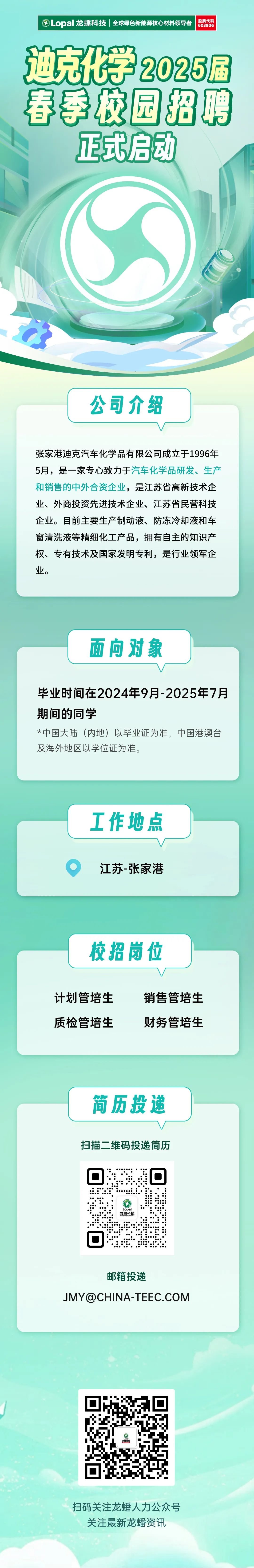 <p>)Lopal龙蟠科技|全球绿色新能源核心材料领导者<br/>股票代码</p>
<p>603906</p>
<p>迪克化学2025届<br/>春季校园招聘</p>
<p>正式启动</p>
<p>公司介绍</p>
<p>张家港迪克汽车化学品有限公司成立于1996年<br/>5月，是一家专心致力于汽车化学品研发、生产<br/>和销售的中外合资企业，是江苏省高新技术企<br/>业、外商投资先进技术企业、江苏省民营科技<br/>企业。目前主要生产制动液、防冻冷却液和车<br/>窗清洗液等精细化工产品，拥有自主的知识产<br/>权、专有技术及国家发明专利，是行业领军企<br/>业。</p>
<p>面向对象</p>
<p>毕业时间在2024年9月-2025年7月<br/>期间的同学</p>
<p>*中国大陆(内地)以毕业证为准，中国港澳台<br/>及海外地区以学位证为准。</p>
<p>工作地点<br/>江苏-张家港</p>
<p>校招岗位</p>
<p>计划管培生<br/>质检管培生</p>
<p>销售管培生<br/>财务管培生</p>
<p>简历投递<br/>扫描二维码投递简历</p>
<p>Lopa<br/>龙蟠科技</p>
<p>邮箱投递</p>
<p>****</p>
<p>龙通科</p>
<p>扫码关注龙蟠人力公众号</p>
<p>关注最新龙蟠资讯</p>
