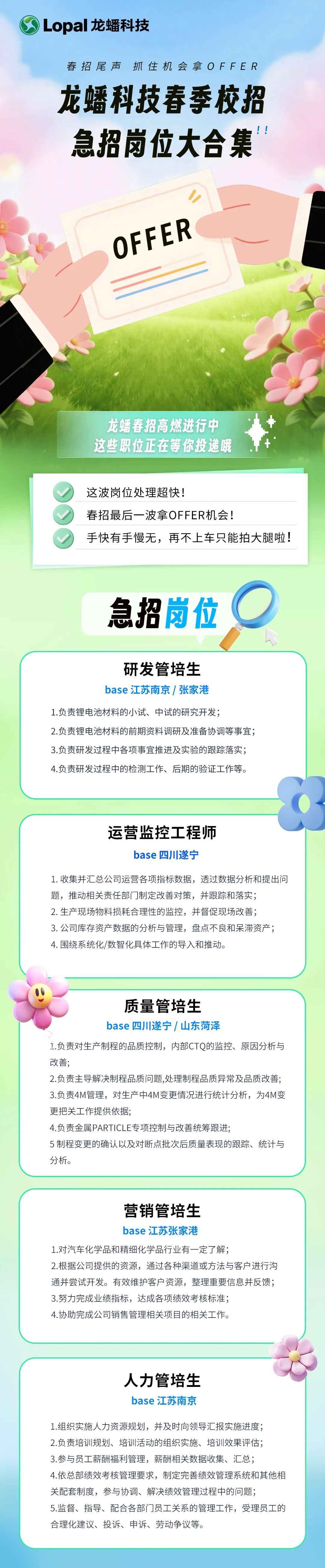 <p>Lopal龙蟠科技</p>
<p>春招尾声抓住机会拿OFFER<br/>龙蟠科技春季校招<br/>急招岗位大合集‘</p>
<p>OFFER</p>
<p>龙蟠春招高燃进行中<br/>这些职位正在等你投递哦</p>
<p> </p>
<p>这波岗位处理超快!</p>
<p> </p>
<p>春招最后一波拿OFFER机会!</p>
<p>手快有手慢无，再不上车只能拍大腿啦!</p>
<p>急招岗位</p>
<p>研发管培生</p>
<p>base 江苏南京/张家港</p>
<p>1.负责锂电池材料的小试、中试的研究开发;</p>
<p>2.负责锂电池材料的前期资料调研及准备协调等事宜;<br/>3.负责研发过程中各项事宜推进及实验的跟踪落实;<br/>4.负责研发过程中的检测工作、后期的验证工作等。</p>
<p>运营监控工程师</p>
<p>base 四川遂宁</p>
<p>1.收集并汇总公司运营各项指标数据，透过数据分析和提出问<br/>题，推动相关责任部门制定改善对策，并跟踪和落实;</p>
<p>2.生产现场物料损耗合理性的监控，并督促现场改善;</p>
<p>3.公司库存资产数据的分析与管理，盘点不良和呆滞资产;<br/>4.围绕系统化/数智化具体工作的导入和推动。</p>
<p>质量管培生</p>
<p>base 四川遂宁/山东菏泽</p>
<p>1.负责对生产制程的品质控制，内部CTQ的监控、原因分析与<br/>改善;</p>
<p>2.负责主导解决制程品质问题,处理制程品质异常及品质改善;<br/>3.负责4M管理，对生产中4M变更情况进行统计分析，为4M变<br/>更把关工作提供依据;</p>
<p>4.负责金属PARTICLE专项控制与改善统筹跟进;</p>
<p>5制程变更的确认以及对断点批次后质量表现的跟踪、统计与<br/>分析。</p>
<p>营销管培生</p>
<p>base 江苏张家港</p>
<p>1.对汽车化学品和精细化学品行业有一定了解;</p>
<p>2.根据公司提供的资源，通过各种渠道或方法与客户进行沟<br/>通并尝试开发。有效维护客户资源，整理重要信息并反馈;<br/>3.努力完成业绩指标，达成各项绩效考核标准;</p>
<p>4.协助完成公司销售管理相关项目的相关工作。</p>
<p>人力管培生<br/>base 江苏南京</p>
<p>1.组织实施人力资源规划，并及时向领导汇报实施进度;<br/>2.负责培训规划、培训活动的组织实施、培训效果评估;<br/>3.参与员工薪酬福利管理，薪酬相关数据收集、汇总;</p>
<p>4.依总部绩效考核管理要求，制定完善绩效管理系统和其他相<br/>关配套制度，参与协调、解决绩效管理过程中的问题;</p>
<p>5.监督、指导、配合各部门员工关系的管理工作，受理员工的<br/>合理化建议、投诉、申诉、劳动争议等。</p>
