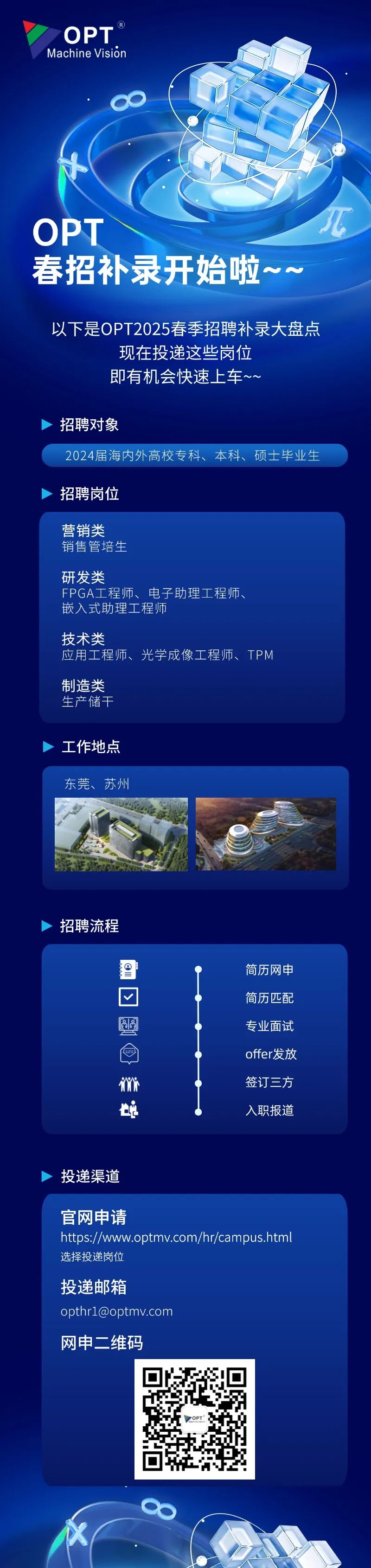 <p>OPT<br/>Machine Vision</p>
<p>OPT</p>
<p>春招补录开始啦~~</p>
<p>以下是OPT2025春季招聘补录大盘点</p>
<p>现在投递这些岗位</p>
<p>即有机会快速上车~~</p>
<p>招聘对象</p>
<p>2024届海内外高校专科、<br/>本科、硕士毕业生</p>
<p>招聘岗位</p>
<p>营销类<br/>销售管培生</p>
<p>研发类</p>
<p>FPGA工程师、电子助理工程师、<br/>嵌入式助理工程师</p>
<p>技术类</p>
<p>应用工程师、光学成像工程师、TPM</p>
<p>制造类<br/>生产储干</p>
<p>工作地点<br/>东莞、苏州</p>
<p>招聘流程</p>
<p>简历网申</p>
<p>简历匹配</p>
<p>专业面试</p>
<p>NWW</p>
<p>L</p>
<p>offer发放<br/>签订三方<br/>入职报道</p>
<p>投递渠道</p>
<p>官网申请</p>
<p>https://www.optmv.com/hr/campus.html<br/>选择投递岗位</p>
<p>投递邮箱</p>
<p>****<br/>网申二维码</p>
<p> </p>
