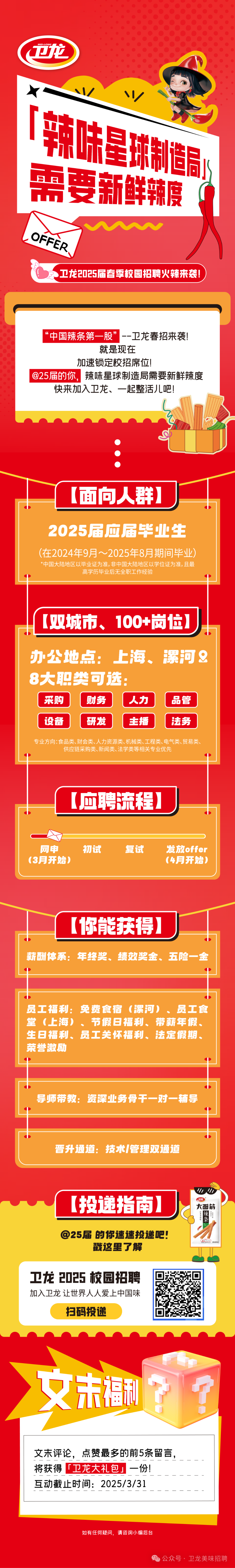 <p>卫龙</p>
<p>「辣味星球制造</p>
<p>需要新鲜辣度</p>
<p>OFFER</p>
<p>卫龙2025届春季校园招聘火辣来袭!</p>
<p>“中国辣条第一股”--卫龙春招来袭!</p>
<p>就是现在</p>
<p>加速锁定校招席位!</p>
<p>@25届的你，辣味星球制造局需要新鲜辣度<br/>快来加入卫龙、一起整活儿吧!</p>
<p>[面向人群]</p>
<p>2025届应届毕业生<br/>(在2024年9月~2025年8月期间毕业)<br/>*中国大陆地区以毕业证为准,非中国大陆地区以学位证为准，且最</p>
<p>高学历毕业后无全职工作经验</p>
<p>(双城市、100+岗位]</p>
<p>办公地点:上海、累河9<br/>8大职类可选:</p>
<p>采购</p>
<p>财务</p>
<p>人力</p>
<p>品管</p>
<p>设备</p>
<p>研发</p>
<p>主播</p>
<p>法务</p>
<p>专业方向:食品类、财会类、人力资源类、机械类、工程类、电气类、贸易类、</p>
<p>供应链采购类、新闻类、法学类等相关专业优先</p>
<p>[应聘流程]</p>
<p>网申<br/>(3月开始)</p>
<p>初试</p>
<p>复试</p>
<p>发放offer<br/>(4月开始)</p>
<p>[你能获得]</p>
<p>薪酬体系:年终奖、绩效奖金、五险一金</p>
<p>员工福利:免费食宿(漯河) 、员工食<br/>堂(上海)、节假日福利、带薪年假、<br/>生日福利、员工关怀福利、法定假期、<br/>荣誉激励</p>
<p>导师带教:资深业务骨干一对一辅导</p>
<p>晋升通道:技术/管理双通道</p>
<p>[投递指南]</p>
<p>@25届的你速速投递吧!</p>
<p>戳这里了解</p>
<p> </p>
<p>大面筋</p>
<p>辣条</p>
<p>经奥香兼</p>
<p>训制铝</p>
<p>卫龙2025校园招聘<br/>加入卫龙让世界人人爱上中国味</p>
<p>扫码投递</p>
<p>文未福利<br/>￥7</p>
<p>文末评论，点赞最多的前5条留言，<br/>将获得<br/>「卫龙大礼包」一份!</p>
<p>互动截止时间:2025/3/31</p>
<p>如有任何疑问，请咨询小编后台</p>
<p>公众号·卫龙美味招聘</p>
