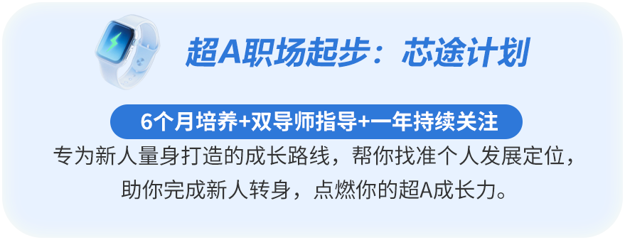 <p>超A职场起步：芯途计划</p>
<p>6个月培养+双导师指导+一年持续关注</p>
<p>专为新人量身打造的成长路线,帮你找准个人发展定位，</p>
<p>助你完成新人转身,点燃你的超A成长力。</p>
