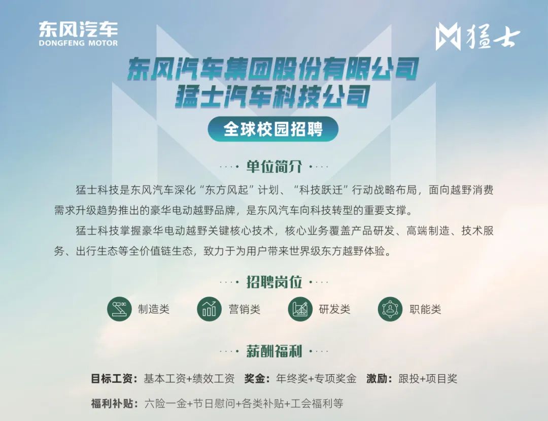 <p>东风汽车的猛士</p>
<p>DONGFENG MOTOR</p>
<p>东风汽车集团股份有限公司</p>
<p>猛士汽车科技公司</p>
<p>全球校园招聘</p>
<p>单位简介 </p>
<p>猛士科技是东风汽车深化“东方风起”计划、“科技跃迁”行动战略布局,面向越野消费</p>
<p>需求升级趋势推出的豪华电动越野品牌,是东风汽车向科技转型的重要支撑。</p>
<p>猛士科技掌握豪华电动越野关键核心技术,核心业务覆盖产品研发、高端制造、技术服</p>
<p>务、出行生态等全价值链生态,致力于为用户带来世界级东方越野体验。</p>
<p>, 招聘岗位.</p>
<p>CODC制造类' DD营销类国研发类职能类</p>
<p>薪酬福利.</p>
<p>目标工资:基本工资+绩效工资奖金:年终奖+专项奖金激励:跟投+项目奖</p>
<p>福利补贴:六险一金+节日慰问+各类补贴+工会福利等</p>
