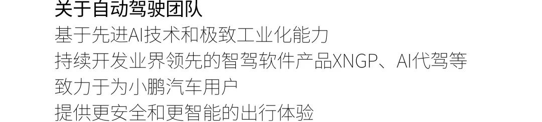 <p>关于自动驾驶团队</p>
<p>基于先进AI技术和极致工业化能力</p>
<p>持续开发业界领先的智驾软件产品XNGP、AI代驾等<br/>致力于为小鹏汽车用户</p>
<p>提供更安全和更智能的出行体验</p>
