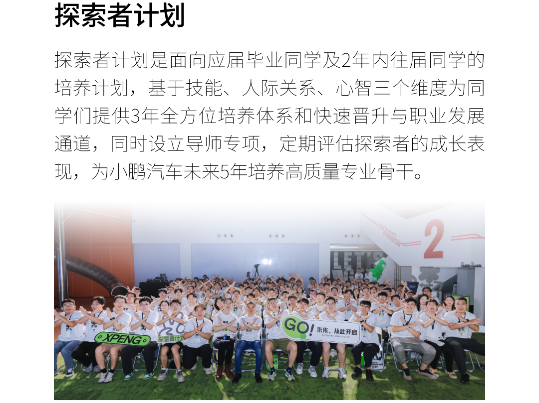<p>探索者计划</p>
<p>探索者计划是面向应届毕业同学及2年内往届同学的</p>
<p>培养计划,基于技能、人际关系、心智三个维度为同</p>
<p>学们提供3年全方位培养体系和快速晋升与职业发展</p>
<p>通道,同时设立导师专项,定期评估探索者的成长表</p>
<p>现,为小鹏汽车未来5年培养高质量专业骨干。</p>
<p>...一2</p>
<p>AC</p>
<p>GO! 赤来,从此开启</p>
<p>OXPENGo探索者什划</p>
