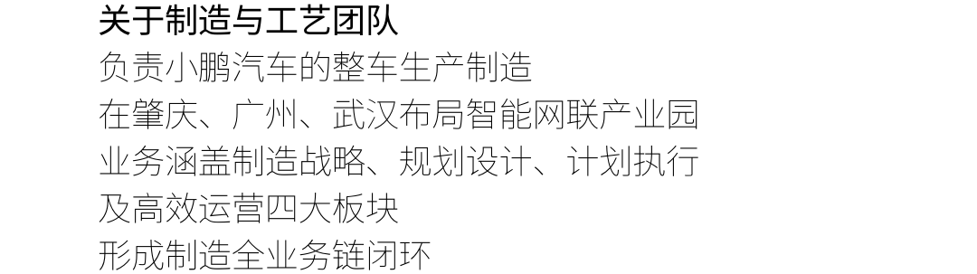 <p>关于制造与工艺团队</p>
<p>负责小鹏汽车的整车生产制造</p>
<p>在肇庆、广州、武汉布局智能网联产业园<br/>业务涵盖制造战略、规划设计、计划执行<br/>及高效运营四大板块</p>
<p>形成制造全业务链闭环</p>

